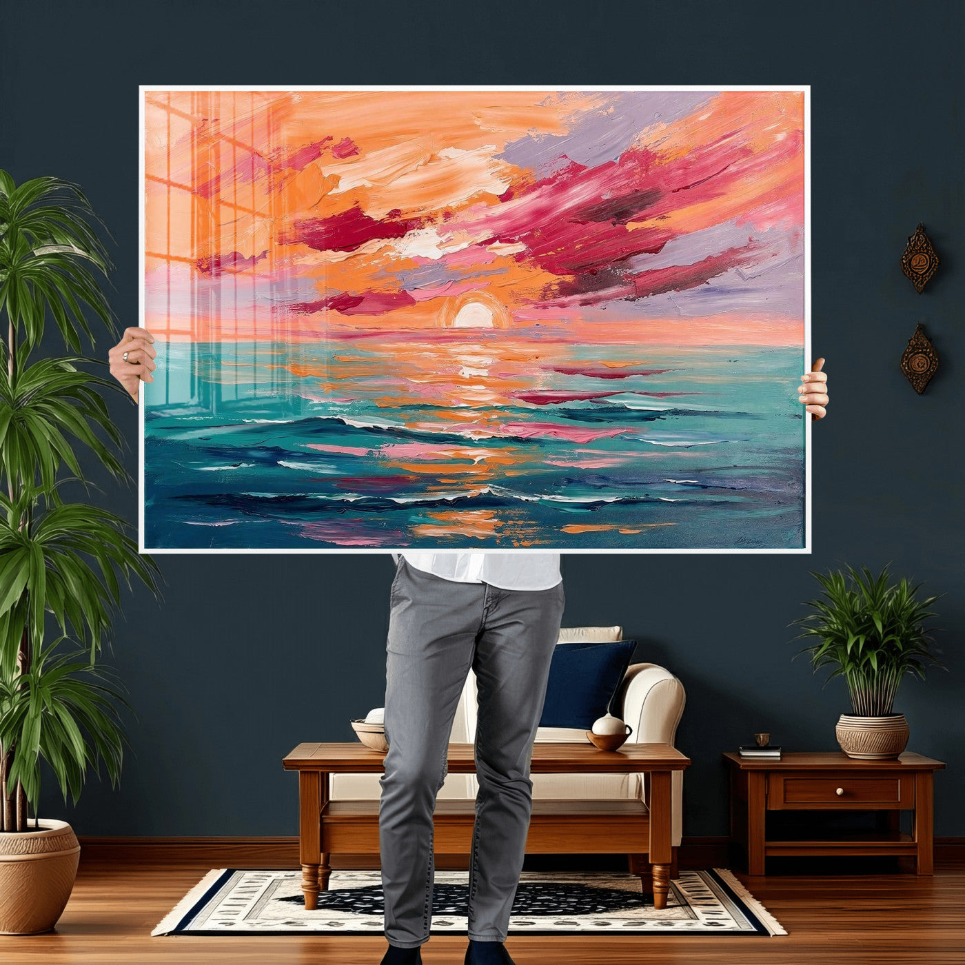 26763902-MGV-CV-36X24 - Bold Palette Knife Ocean Sunset Canvas — Orange Pink Teal Expressionist Sea Print | Colorful Coastal Wall Art | Vibrant Beach Decor Gift