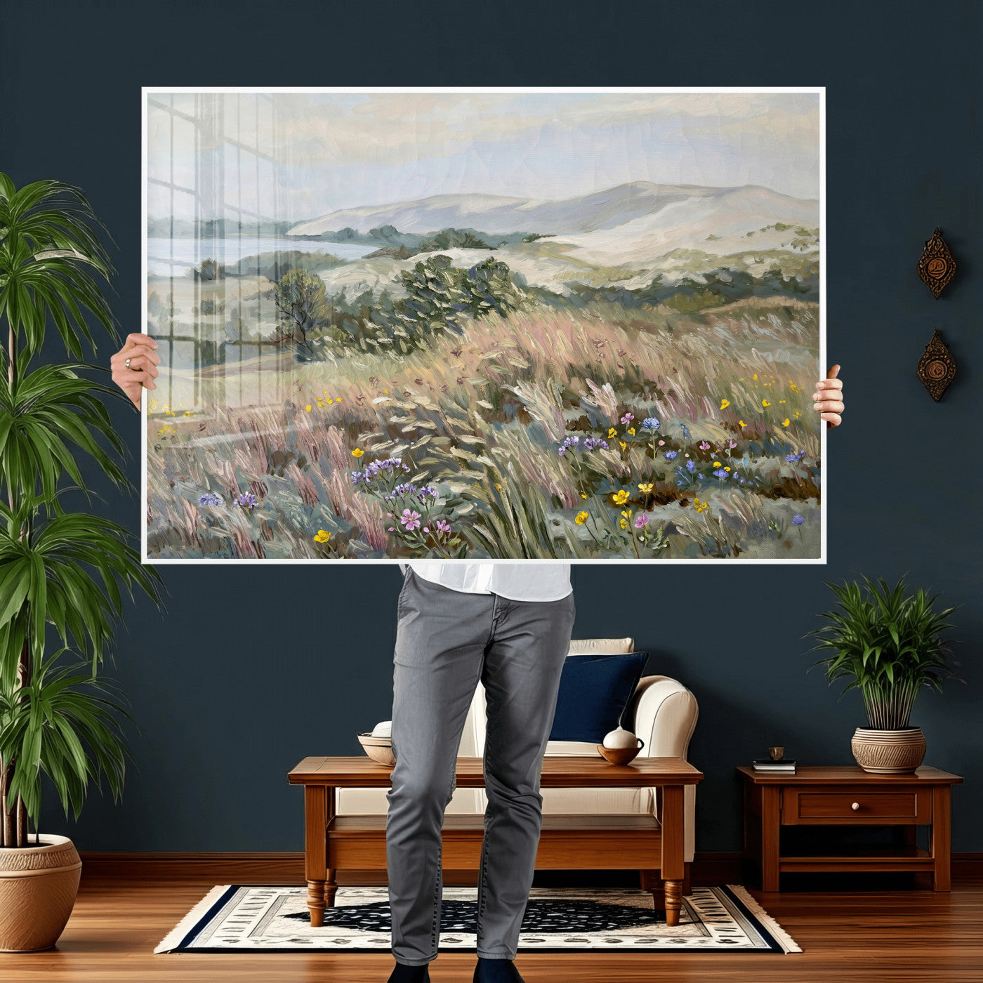 18013232-MGV-CV-36X24 - Katie Staples Hillside Canvas Wall Art — Coastal Wildflower Dune Oil Painting Print | Muted Green Nature Decor | Plein Air Landscape Gift