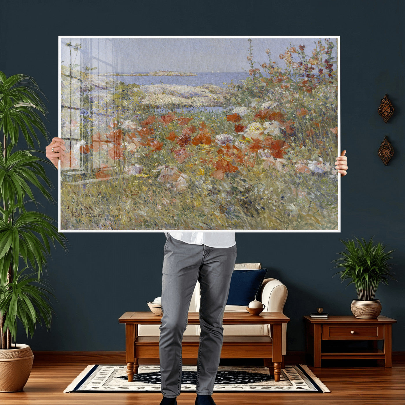 54770907-MGV-CV-36X24 - Childe Hassam Celia Thaxter Garden Canvas — 1890 American Impressionist Poppy Floral Print | Isles of Shoals Coastal Art | Classic Gift