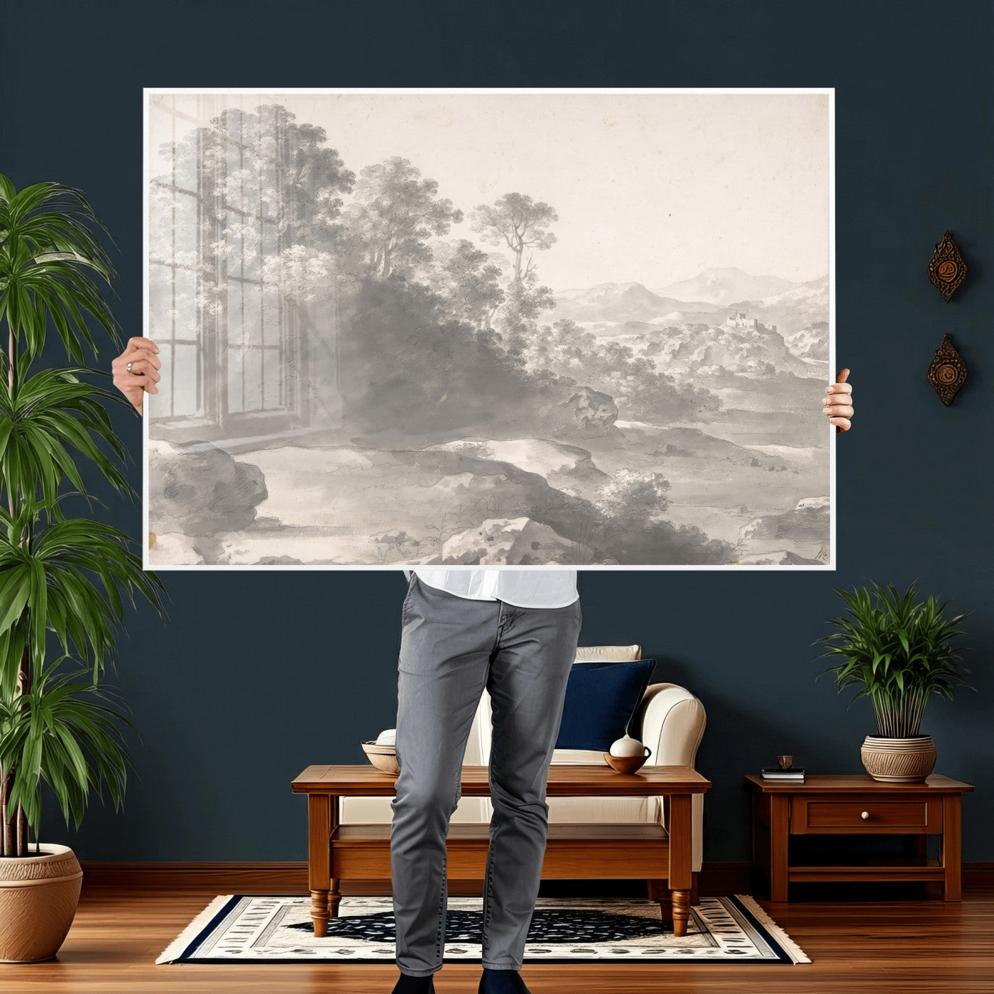 33041209-MGV-CV-36X24 - Van Poelenburch Landscape Canvas Wall Art — Dutch Golden Age Gray Wash Drawing Print | Baroque Italianate Nature Decor | Old Master Classic Gift