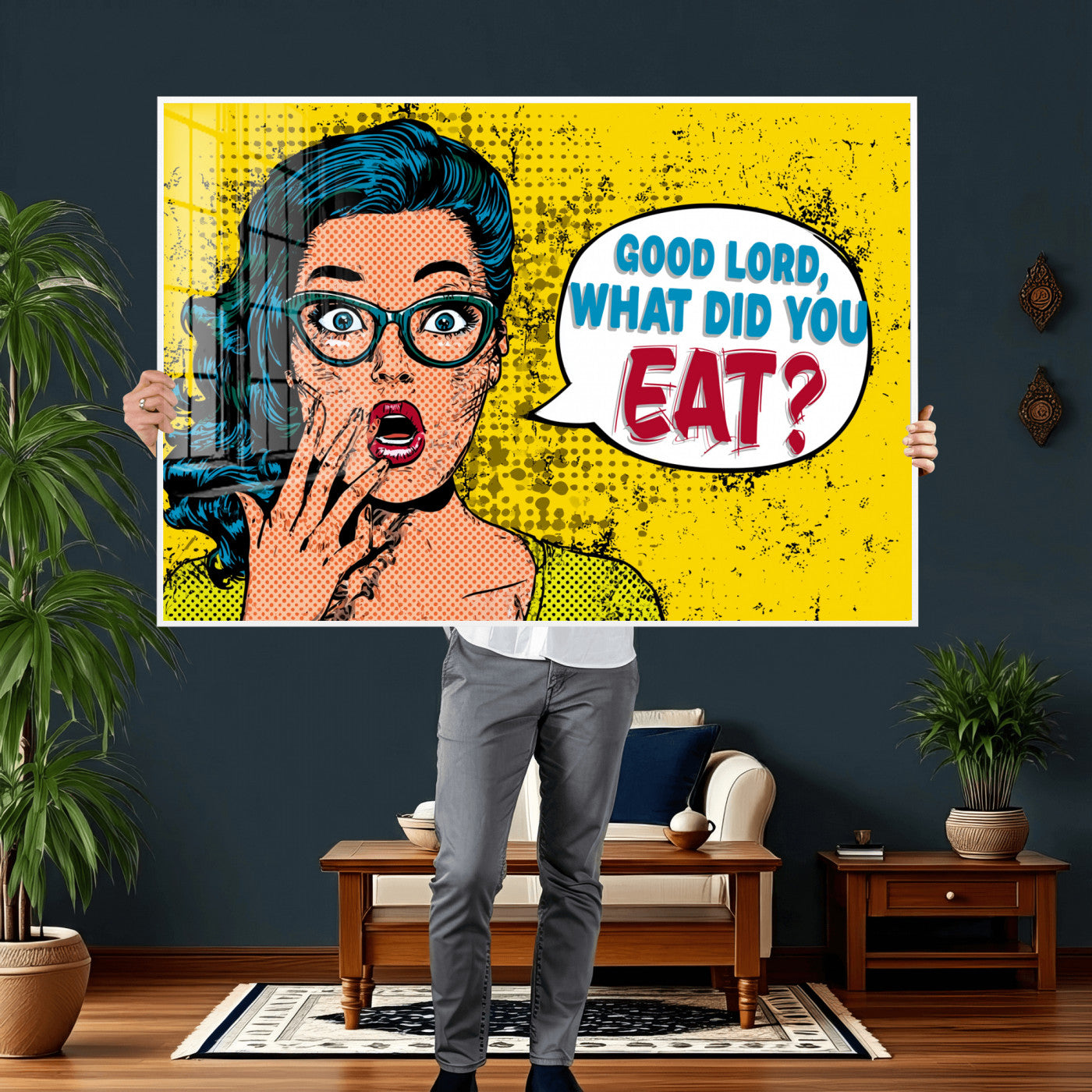 88217969-MGV-CV-36X24 - Pop Art Print Bathroom Sign Wall Art Canvas Print — Funny Bathroom Canvas | Comic Style Toilet Wall Decor | Humor Gift | Yellow Bold Bathroom Art