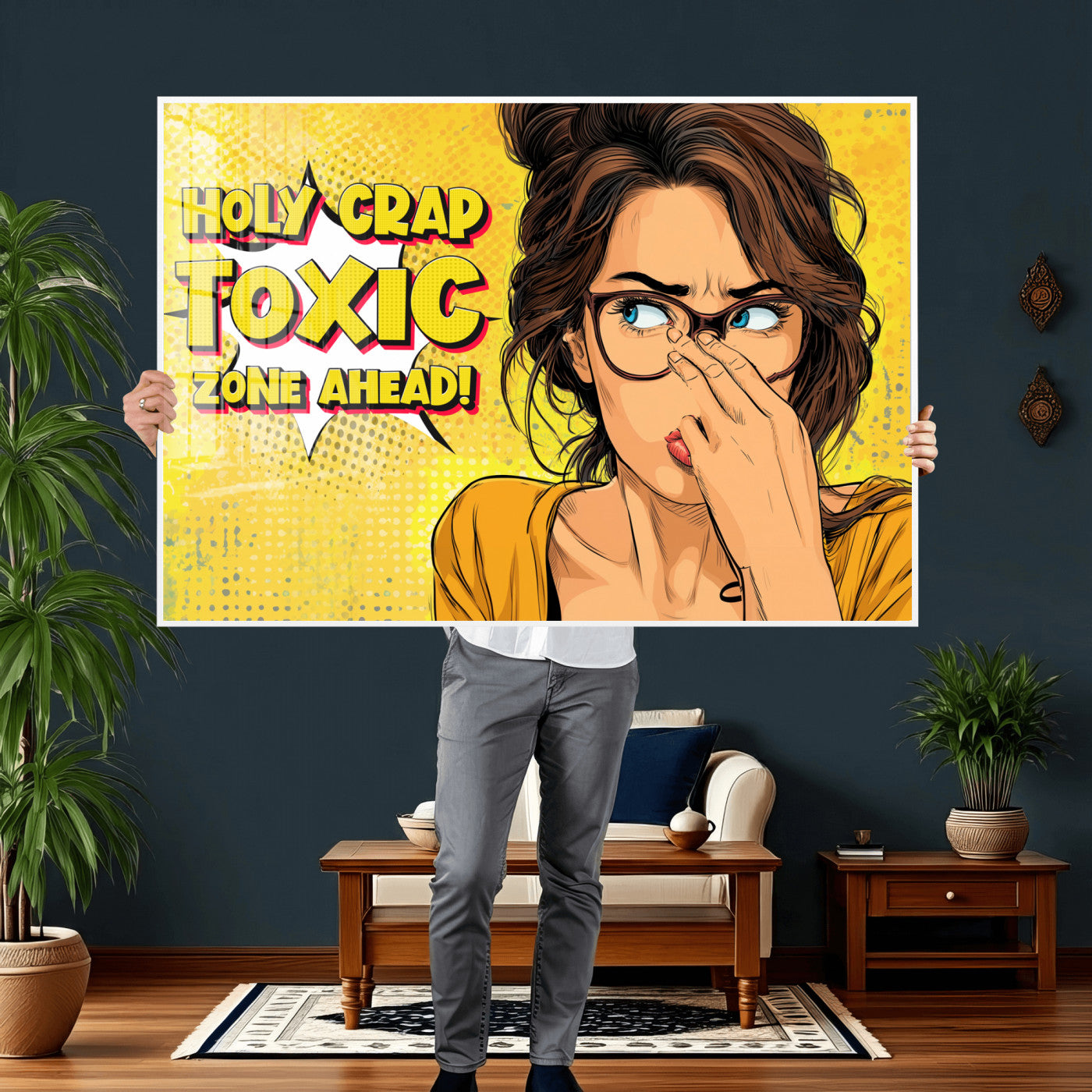 96263876-MGV-CV-36X24 - Pop Art Print Bathroom Sign Wall Art Canvas Print — Funny Bathroom Canvas | Comic Style Toilet Wall Decor | Humor Gift | Yellow Bold Bathroom Art