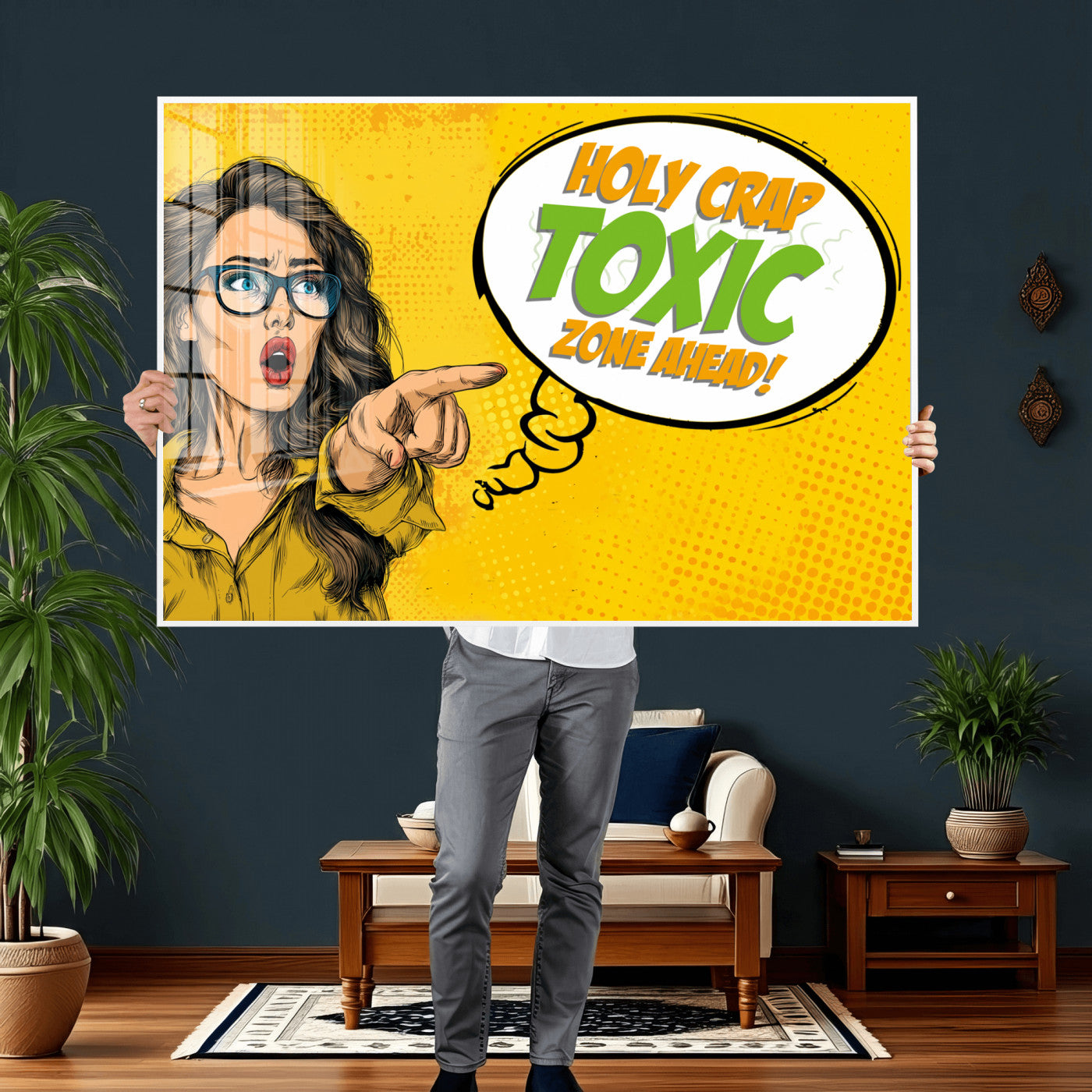 79156505-MGV-CV-36X24 - Pop Art Print Bathroom Sign Wall Art Canvas Print — Funny Bathroom Canvas | Comic Style Toilet Wall Decor | Humor Gift | Yellow Bold Bathroom Art