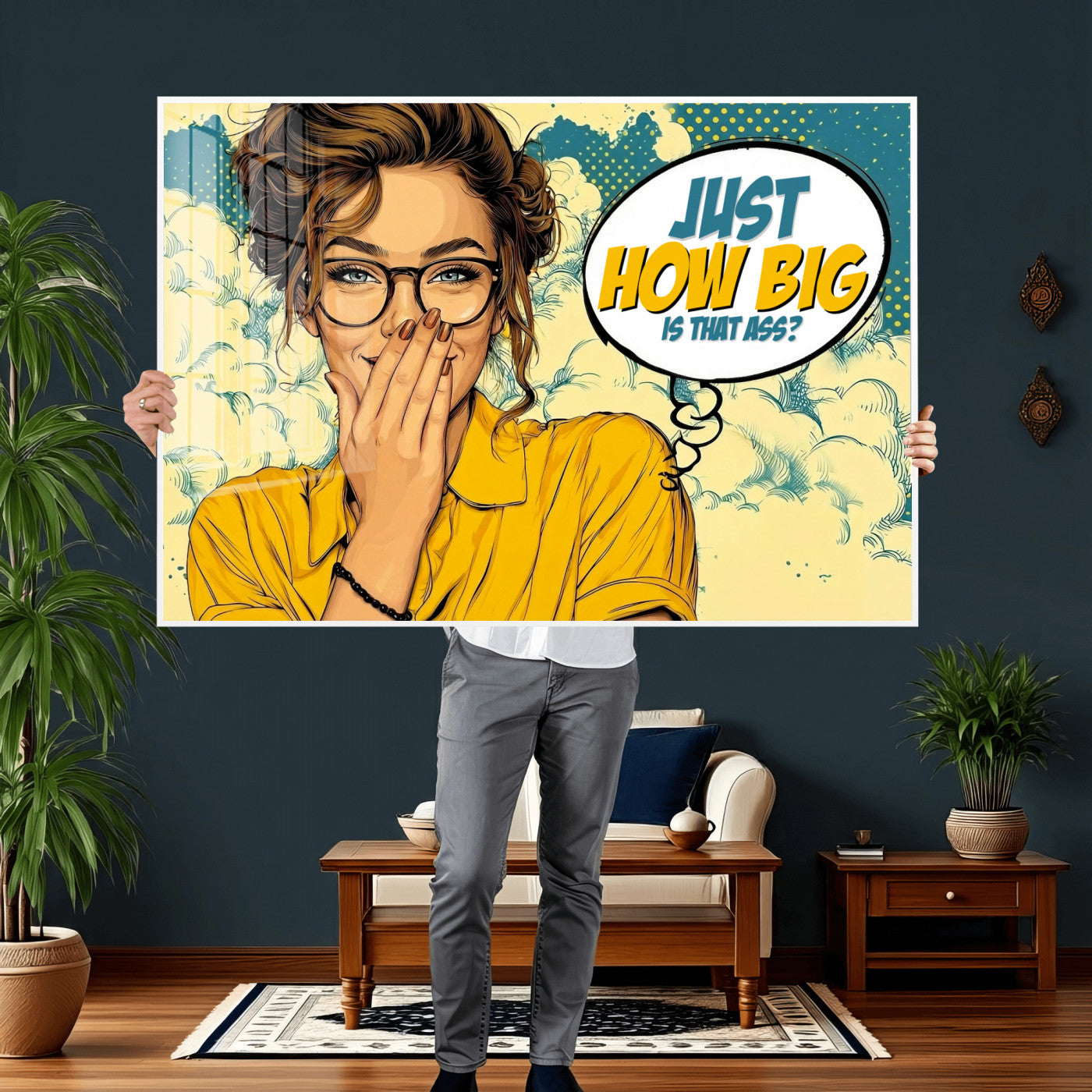 T79156505-MGV-CV-36X24 - Pop Art Print Bathroom Sign Wall Art Canvas Print — Funny Bathroom Canvas | Comic Style Toilet Wall Decor | Humor Gift | How Big Ass