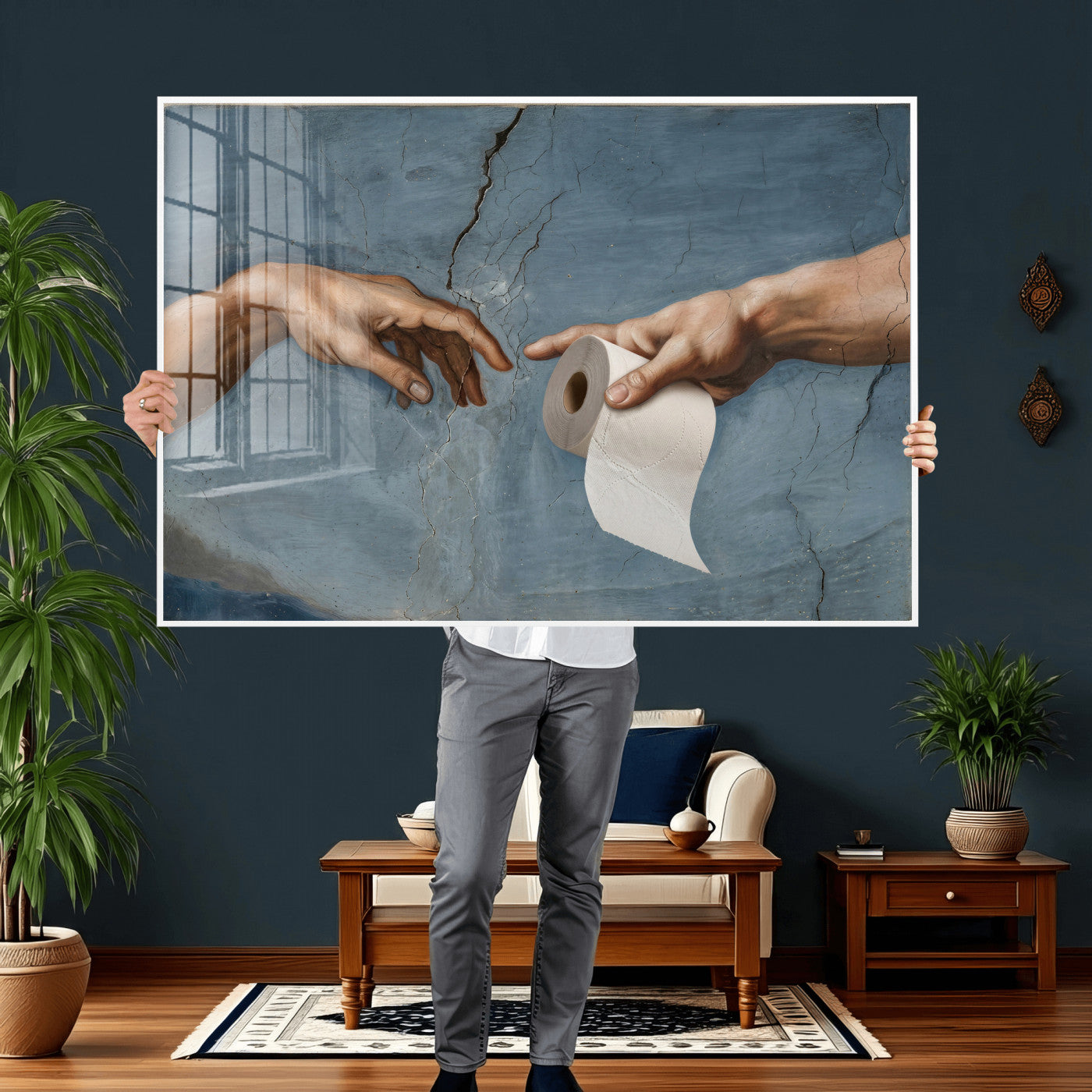 42648143-MGV-CV-36X24 - Funny Bathroom Canvas Wall Art, Michelangelo Creation of Adam Toilet Paper Parody, Renaissance Humor Print, Quirky Housewarming Gift, Toilet Room Decor