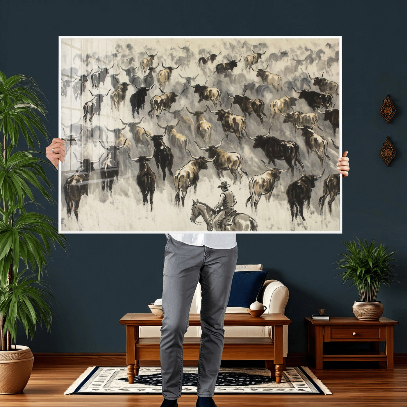 48049876-MGV-CV-36X24 - Cowboy Cattle Drive Canvas Wall Art, Western Longhorn Herd Ink Painting Print, Ranch Rodeo Decor, Black White Western Art, Large Living Room Art