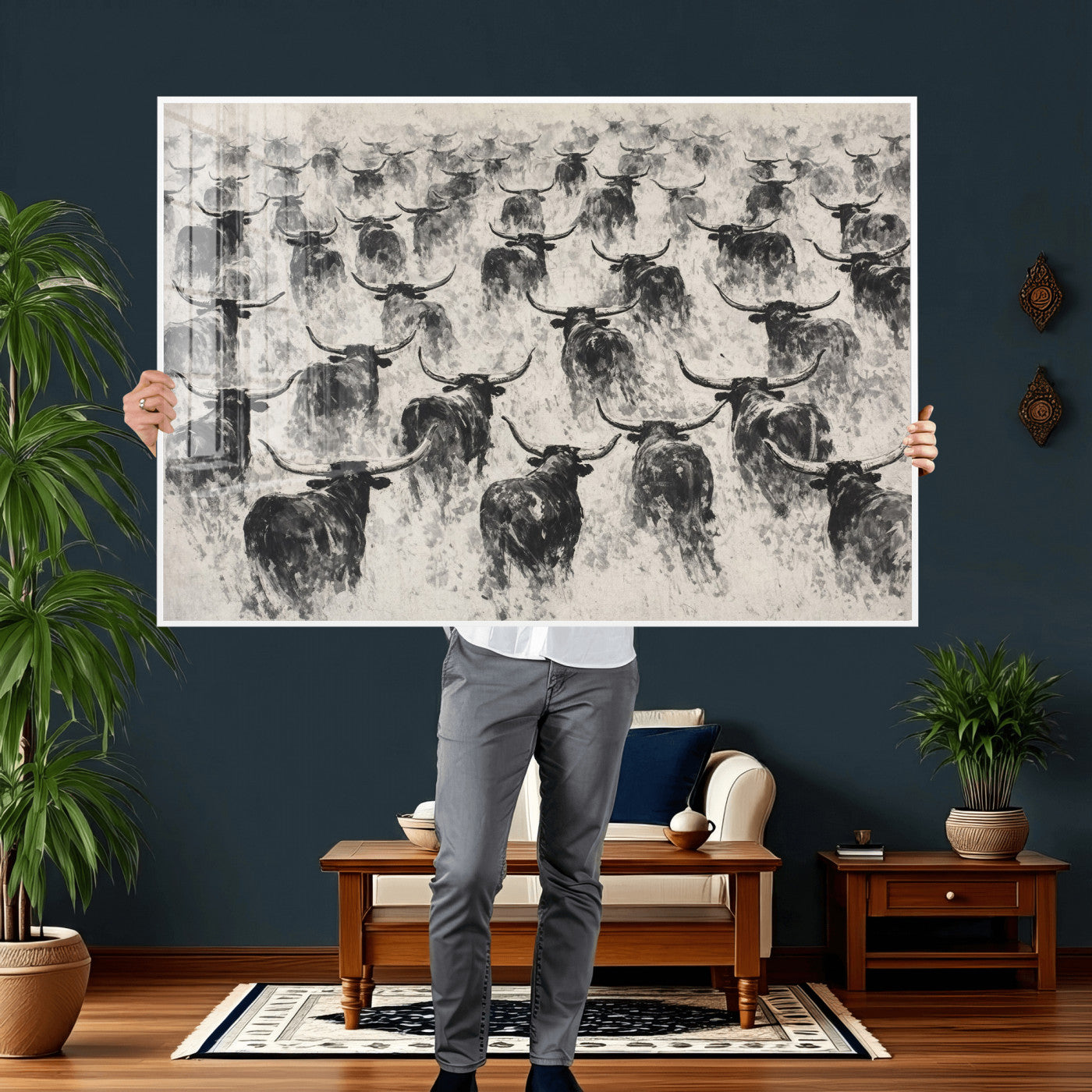 73328525-MGV-CV-36X24 - Texas Longhorn Drawing Canvas Wall Art, Western Cattle Stampede Painting Print, Warm Amber Ranch Decor, Rustic Cowboy Home Art, Large Living Room Decor