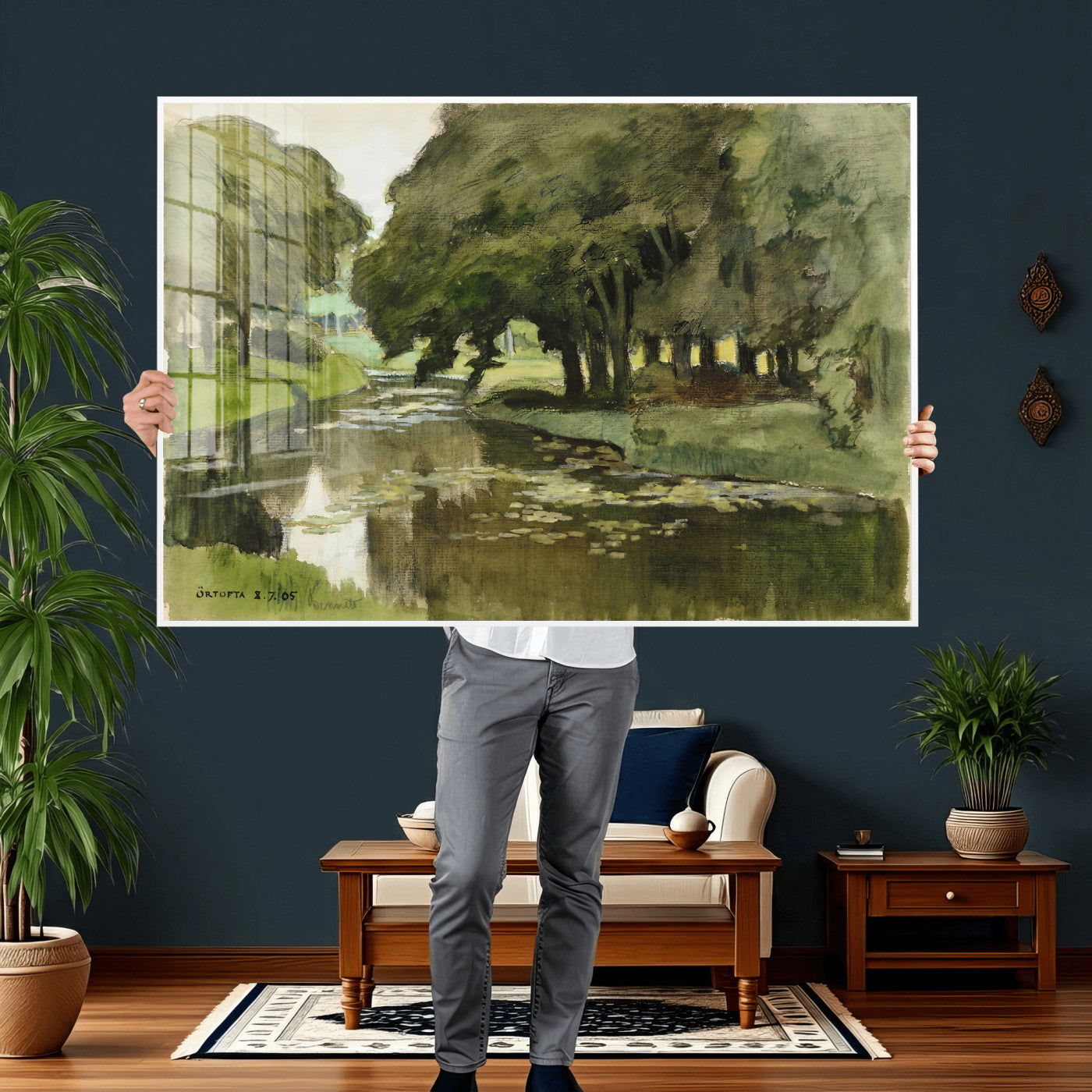 54446767-MGV-CV-36X24 - Anders Zorn Watercolor Canvas Print, Örtofta 1905 Swedish River Landscape, Impressionist Nature Art, Scandinavian Wall Decor, Plein Air Painting Print