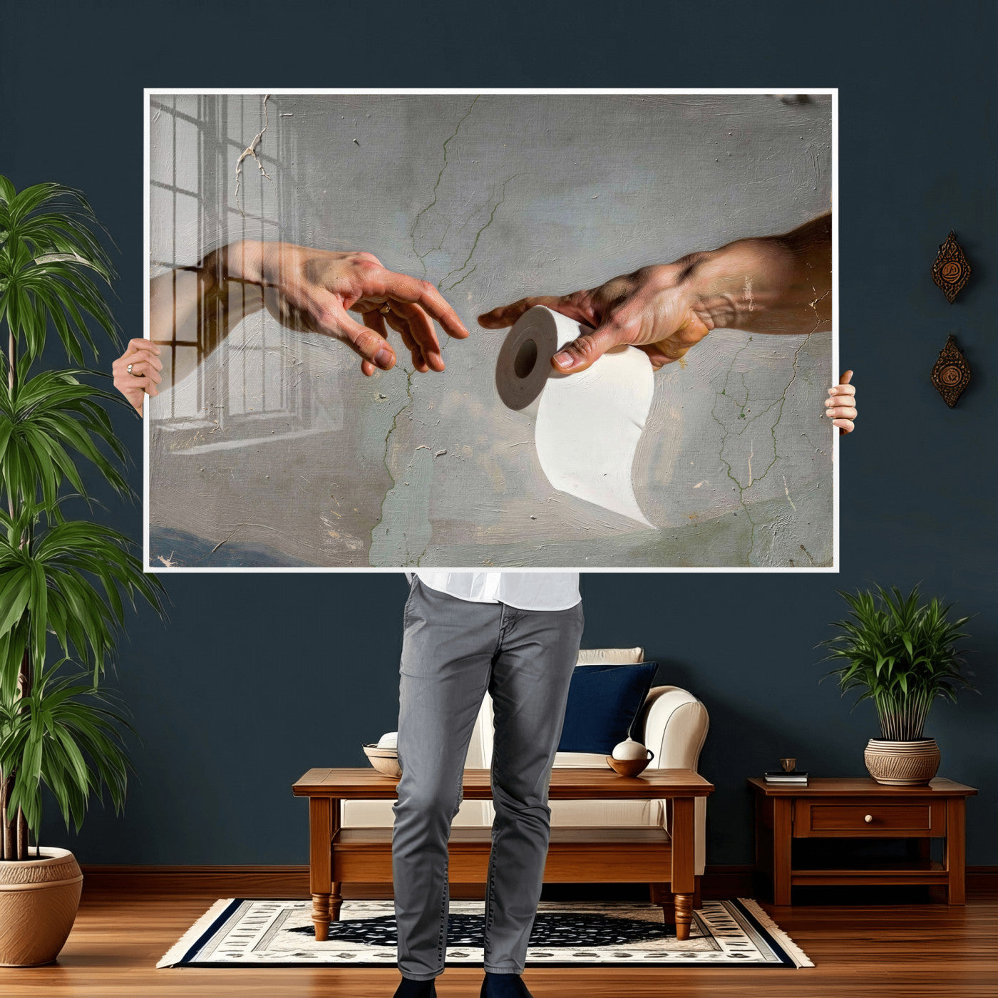 72030048-MGV-CV-36X24 - Funny Bathroom Wall Art Canvas, Creation of Toilet Paper Parody Print, Renaissance Humor Decor, Toilet Room Art, Quirky Housewarming Gift, Classic Art Spoof