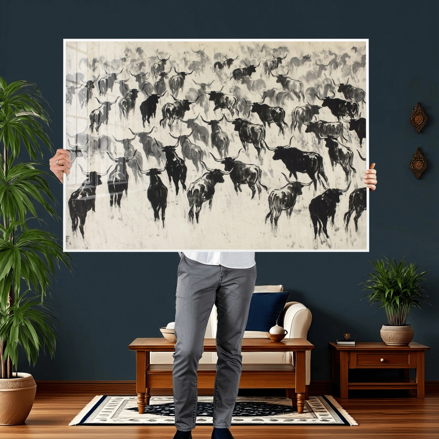 68669792-MGV-CV-36X24 - Longhorn Cattle Canvas Wall Art, Black White Stampede Ink Painting Print, Western Farmhouse Decor, Bull Herd Art, Large Living Room Wall Art, Ranch Home Decor