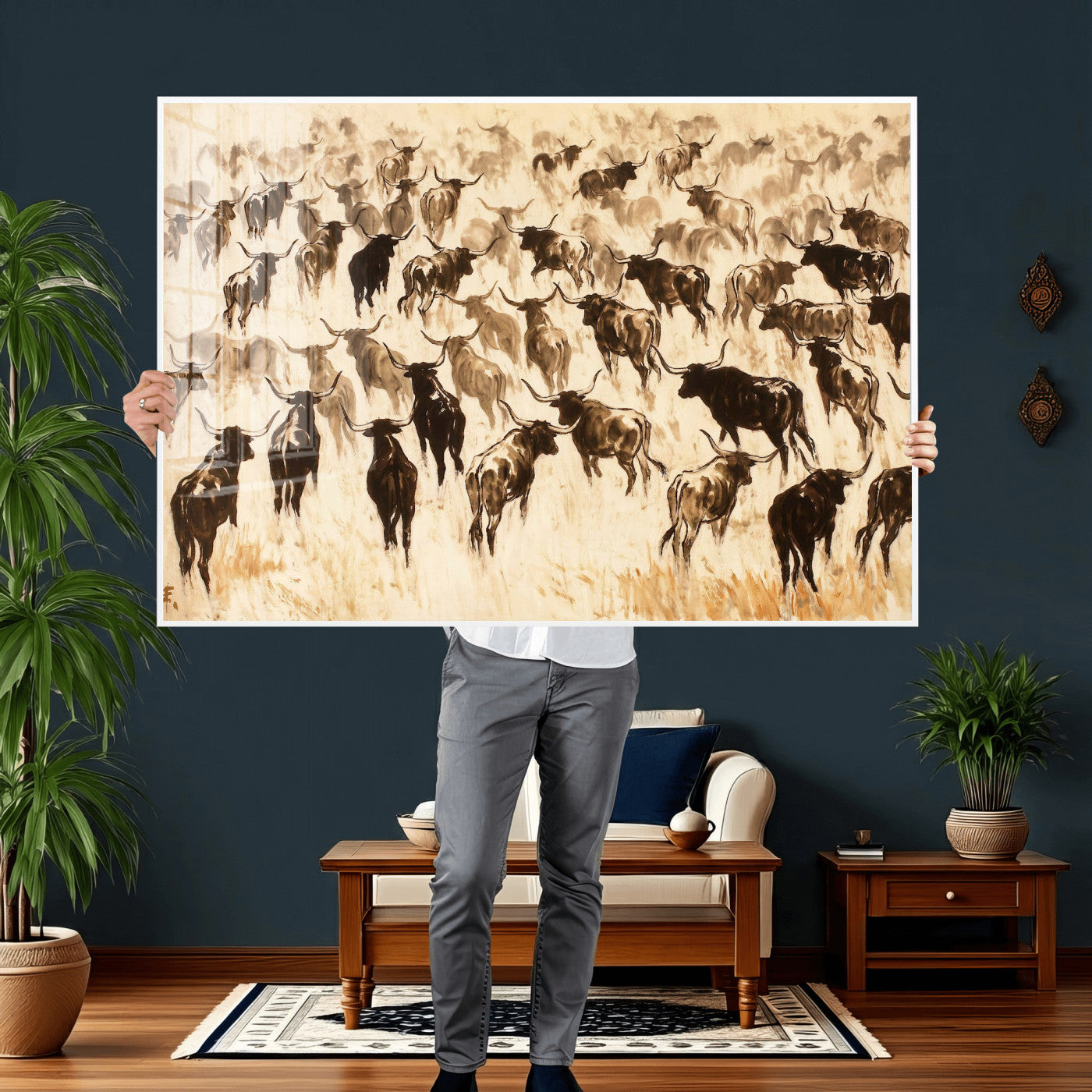 39077774-MGV-CV-36X24 - Texas Longhorn Sepia Canvas Wall Art, Western Cattle Stampede Painting Print, Warm Amber Ranch Decor, Rustic Cowboy Home Art, Large Living Room Decor