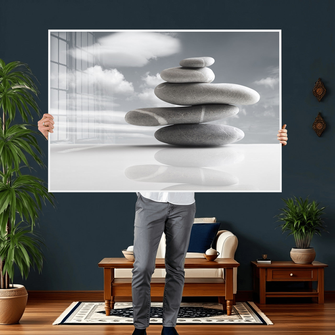 86426188-MGV-CV-36X24 - Zen Stone Wall Art Canvas Print, Balanced Rock Stack Framed Spa Artwork, Minimalist Meditation Decor for Living Room Bedroom Office Bathroom