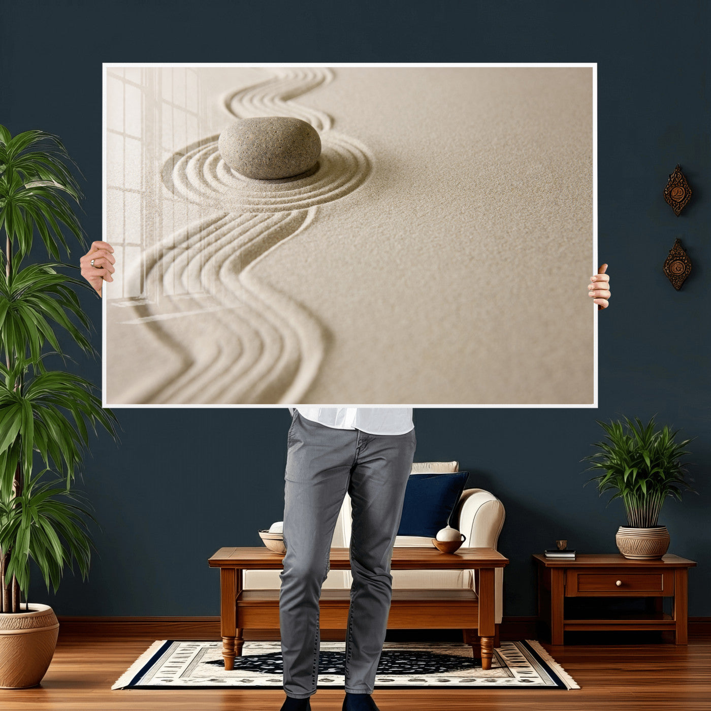 66852661-MGV-CV-36X24 - Zen Garden Stone Sand Canvas | Japanese Rock Garden Wall Art | Minimalist Meditation Print | Neutral Beige Mindfulness Decor