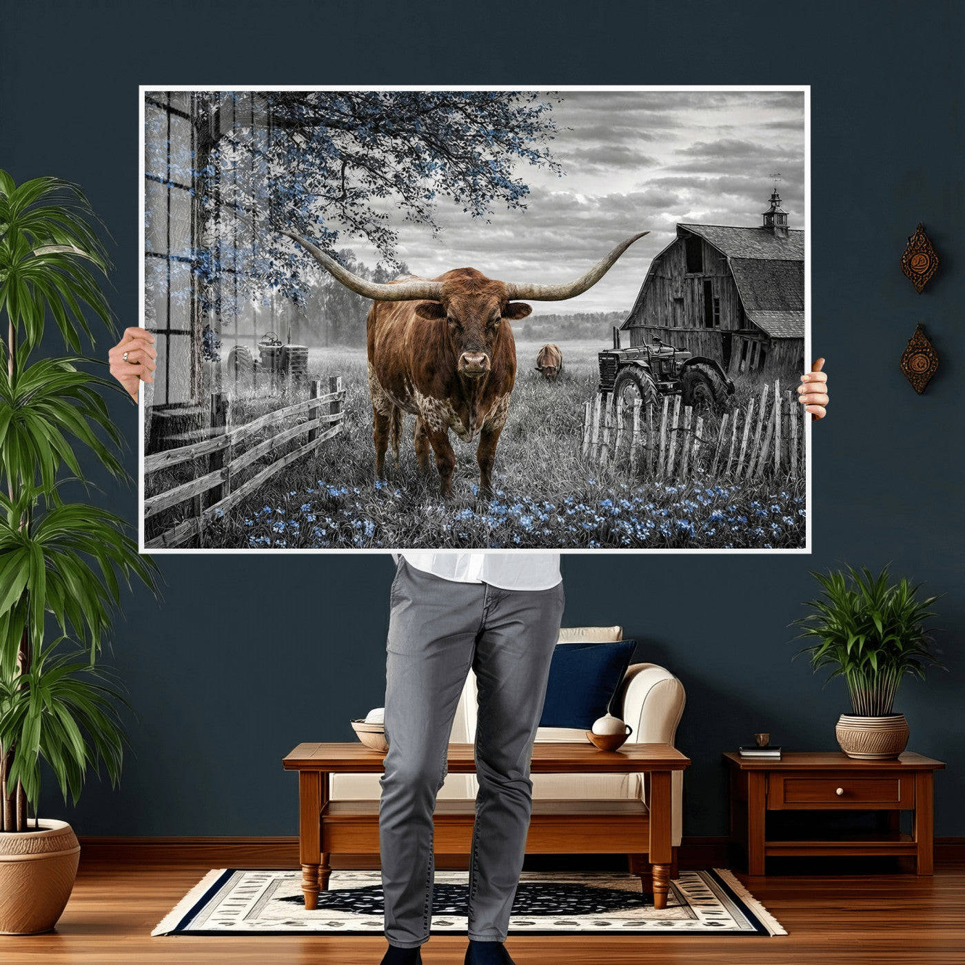 19366343-MGV-CV-36X24 - Texas Longhorn Canvas Wall Art, Rustic Farm Barn Bluebonnet Photography Print, Farmhouse Country Decor, Western Ranch Art, Old Truck Tractor Print