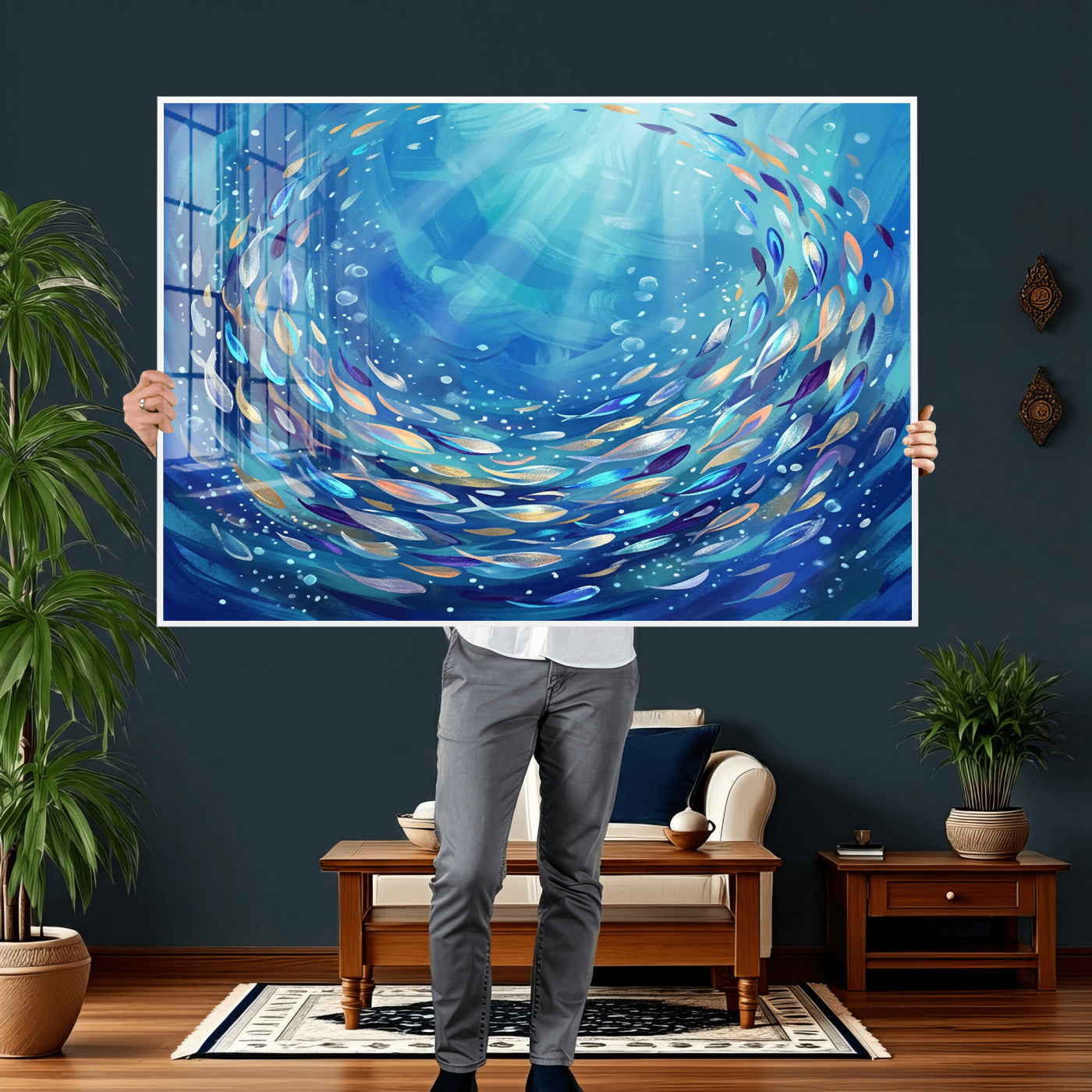 78699899-MGV-CV-36X24 - School of Fish Canvas Print | Blue Ocean Underwater Wall Art | Swirling Fish Shoal Illustration | Marine Navy Coastal Decor