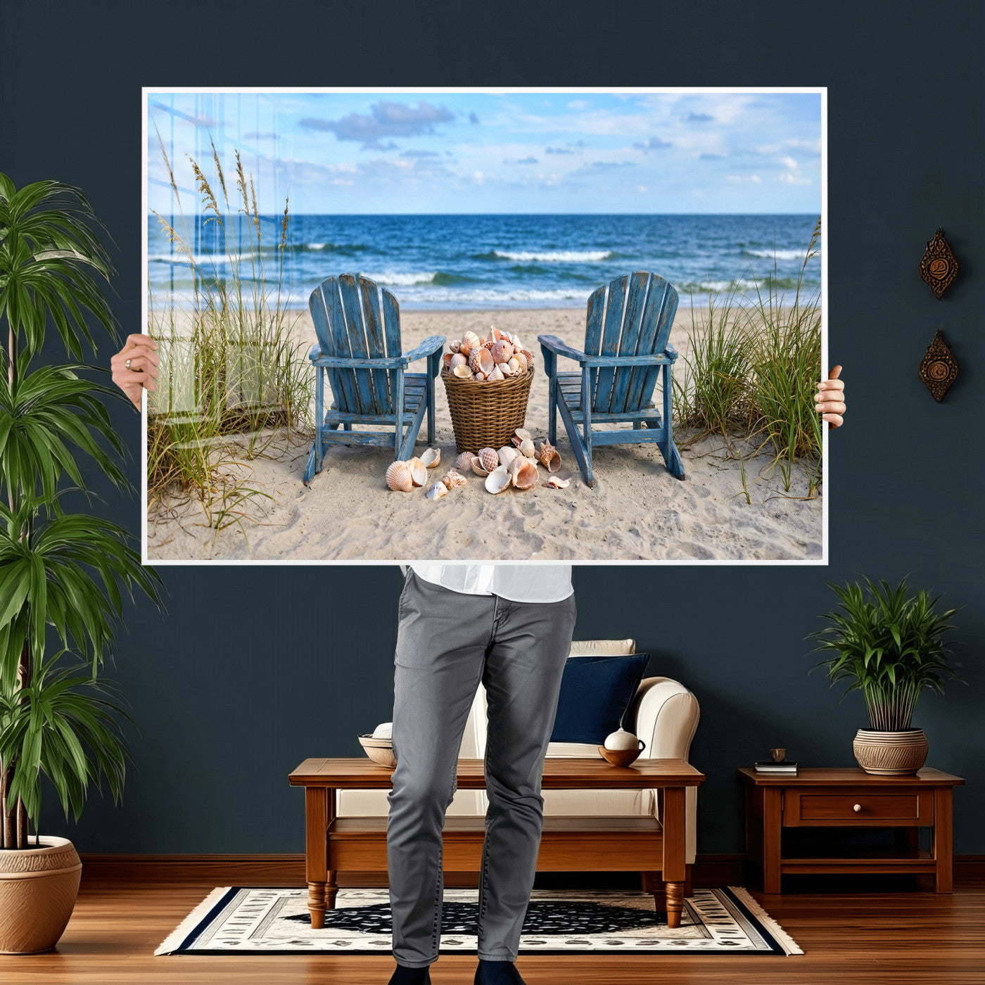 80268829-MGV-CV-36X24 - Large Beach Canvas Wall Art Coastal Adirondack Chairs Ocean Seashells Blue Nautical Framed Large for Living Room Bedroom Bathroom Decor