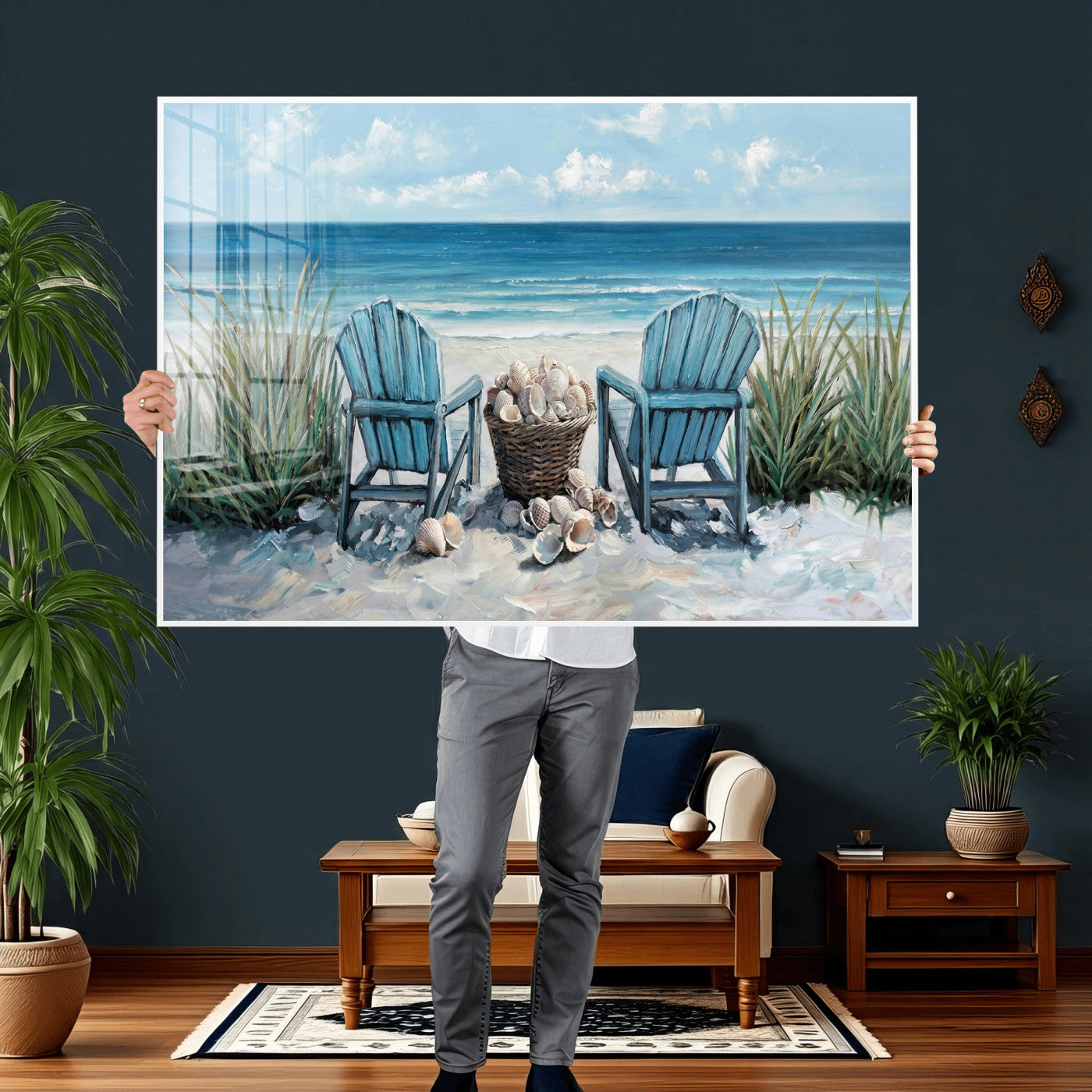 11973028-MGV-CV-36X24 - Beach Canvas Wall Art Coastal Adirondack Chairs Ocean Seashells Blue Nautical Framed Large for Living Room Bedroom Bathroom Decor