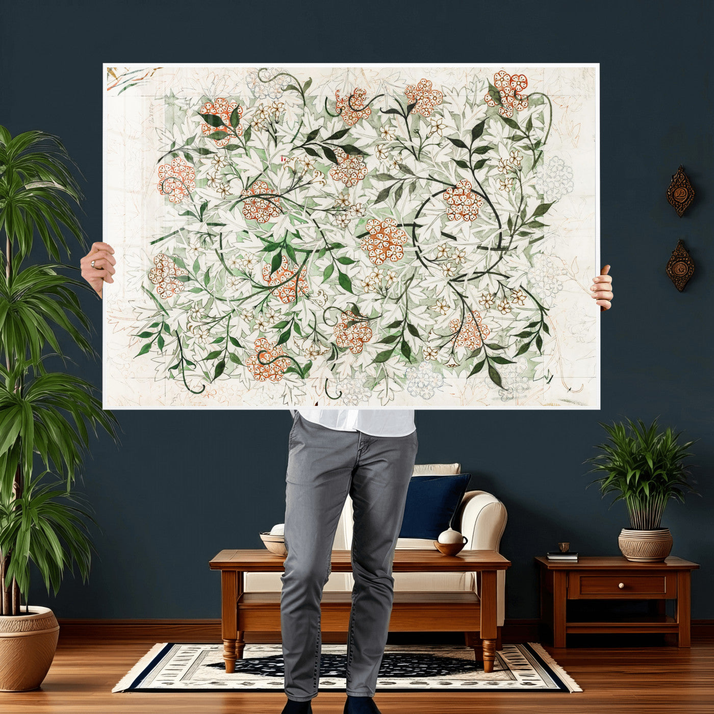 17622011W-MGV-CV-36X24 - William Morris Jasmine Flower Wall Art Canvas Print, Botanical Floral Canvas Print, Vintage Cottagecore Wall Decor, Framed Nature Artwork Ready to Hang