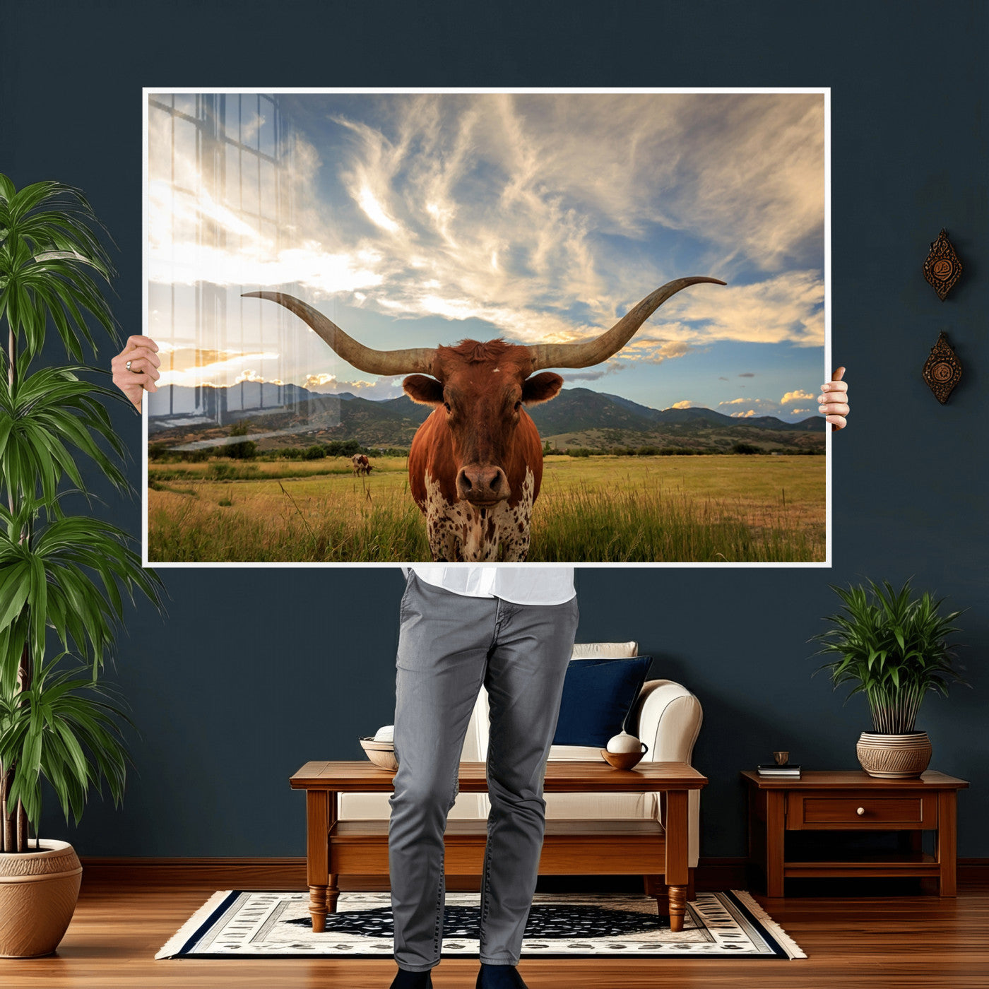 55416-MGV-CV-36X24 - Texas Longhorn Canvas Wall Art – Majestic Triptych Animal Print – Rustic Western Decor for Living Room