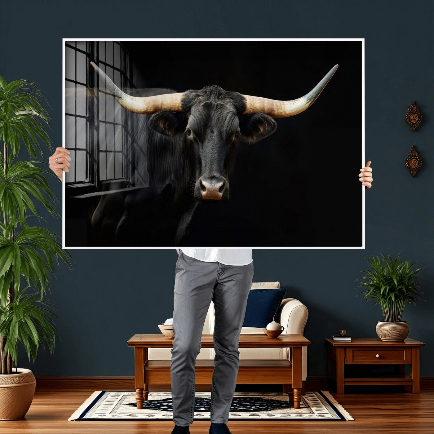 63798-MGV-CV-36X24 - Texas Longhorn Cow | Majestic Black Bull Wall Art Canvas Print - Farmhouse Animal Decor - Ready to