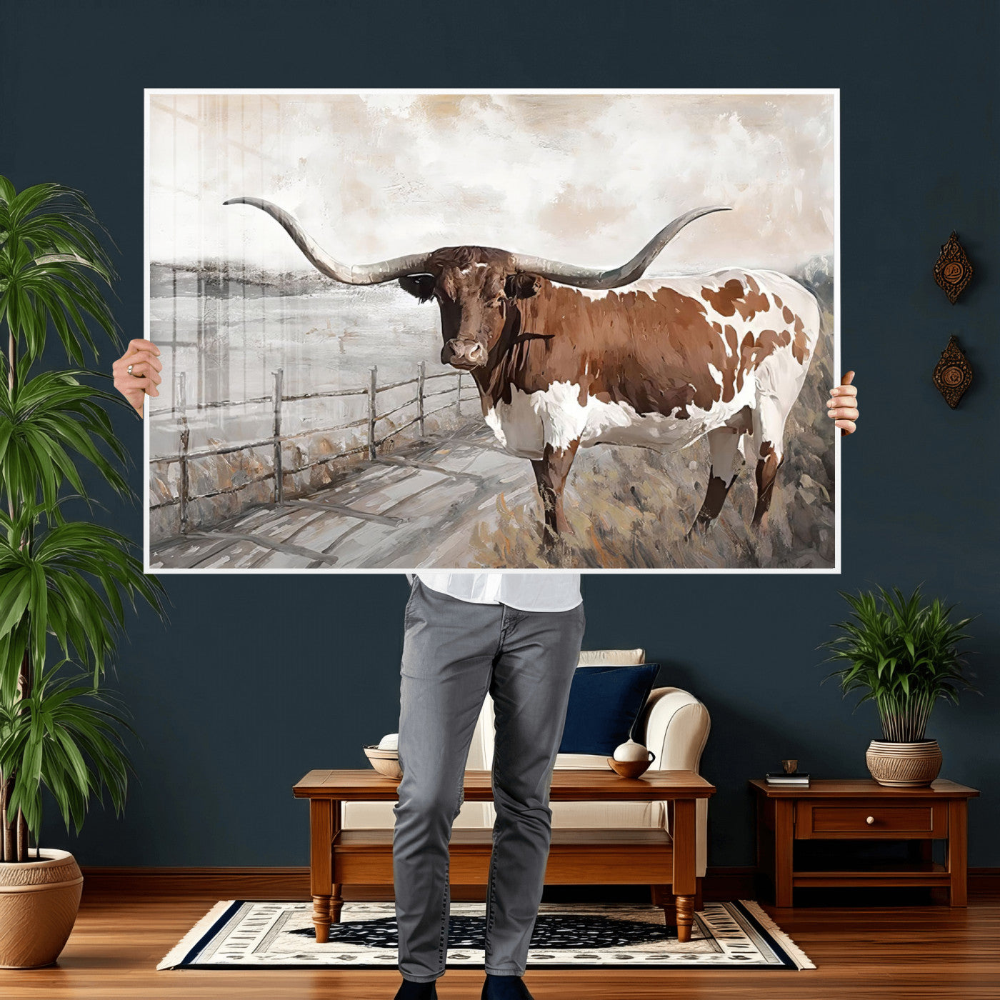 57340-MGV-CV-36X24 - Vintage Texas Cow Wall Art Canvas Print, Rustic Longhorn Wall Art | Canvas Print for Farmhouse Decor