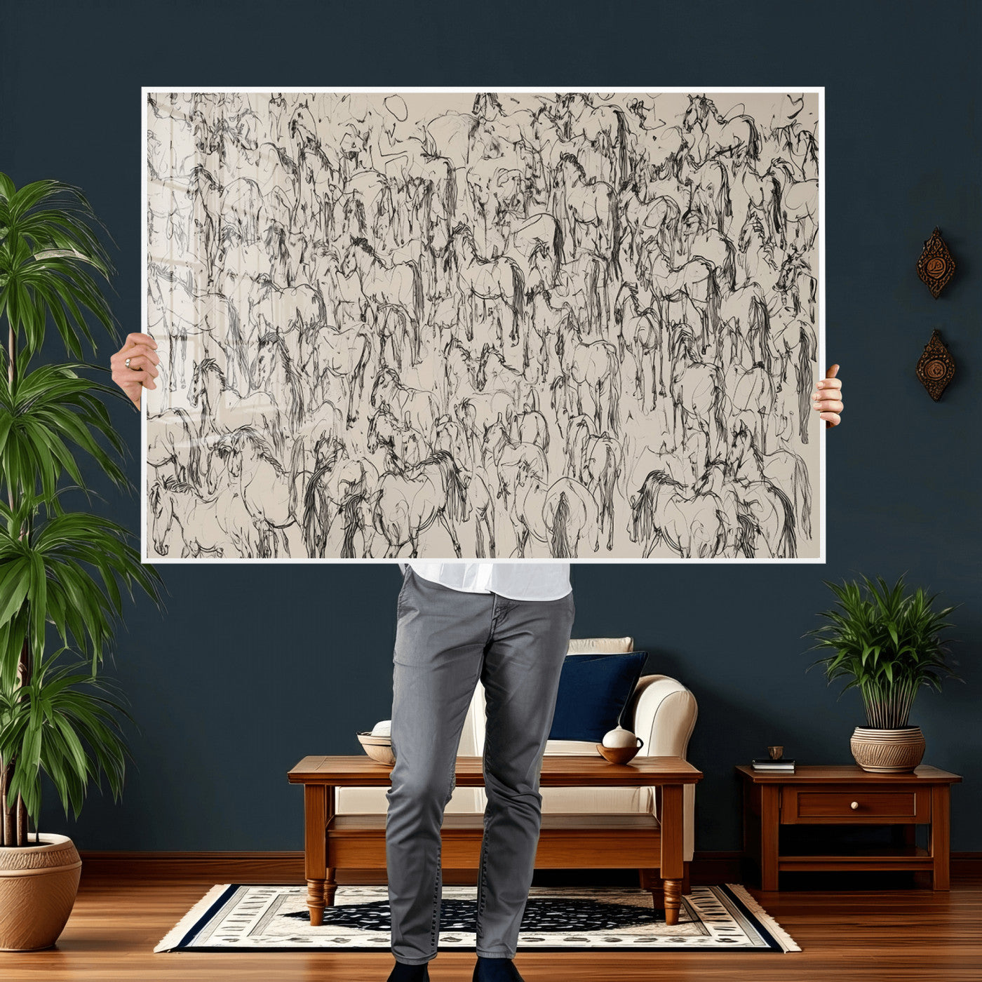 25718-MGV-CV-36X24 - Abstract Horse Sketch Wall Art | Ready to Hang and Framed | Farmhouse Wall Decor for Barn Wall