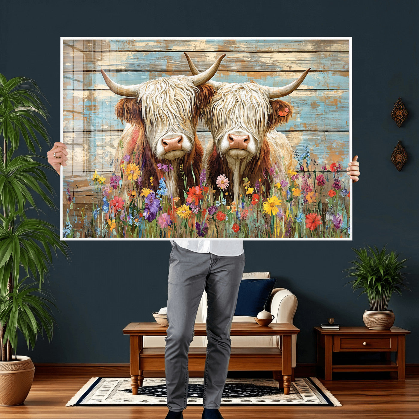 36972-MGV-CV-36X24 - Cute Highland Cow Canvas Wall Art - Rustic Farmhouse Decor with Colorful Flowers Perfect Wall Art
