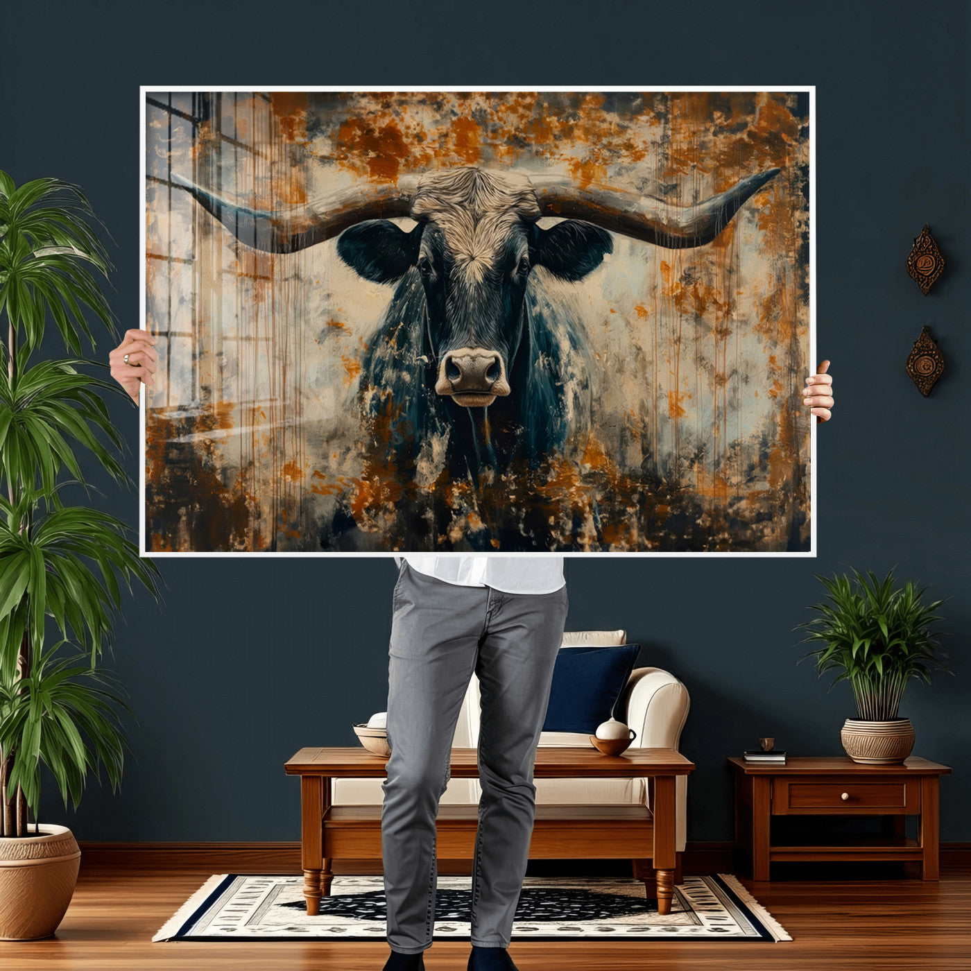 85913-MGV-CV-36X24 - Abstract Longhorn Bull Wall Art | Rustic Western Wall Decor | Framed and Ready to Hang | Ideal for