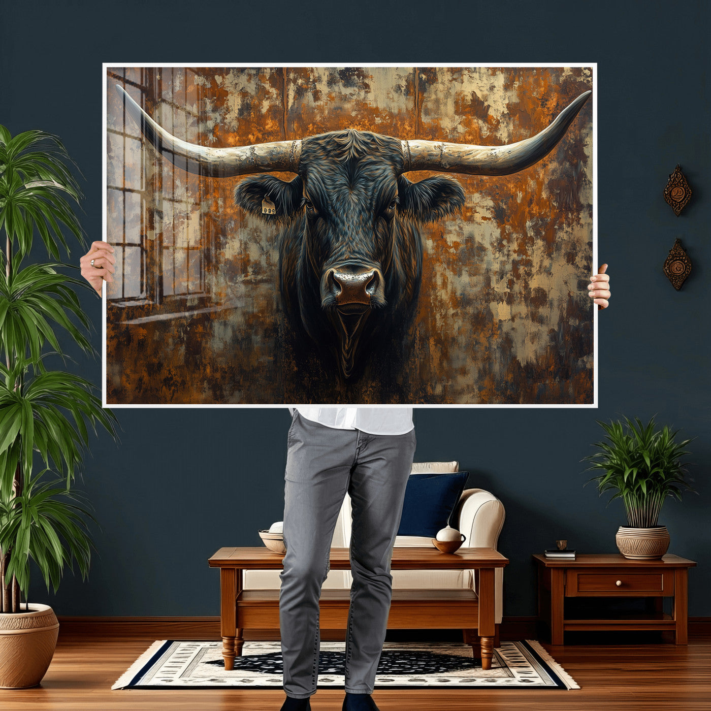 68068-MGV-CV-36X24 - Longhorn Texas Cow Bull Wall Art | Rustic Farmhouse Canvas Print | Ready to Hang Barn Decor for