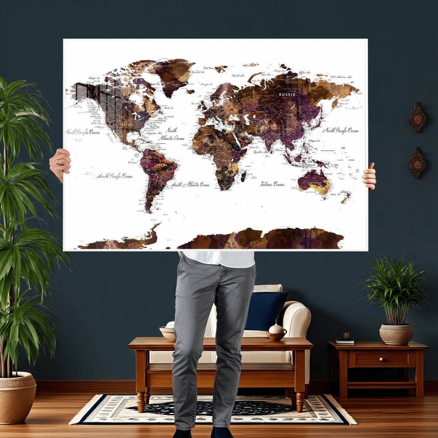 50611-MGV-CV-36X24 - Push Pin World Map Canvas Print – Framed Wall Art for Couples to Track Their Travels – Anniversary