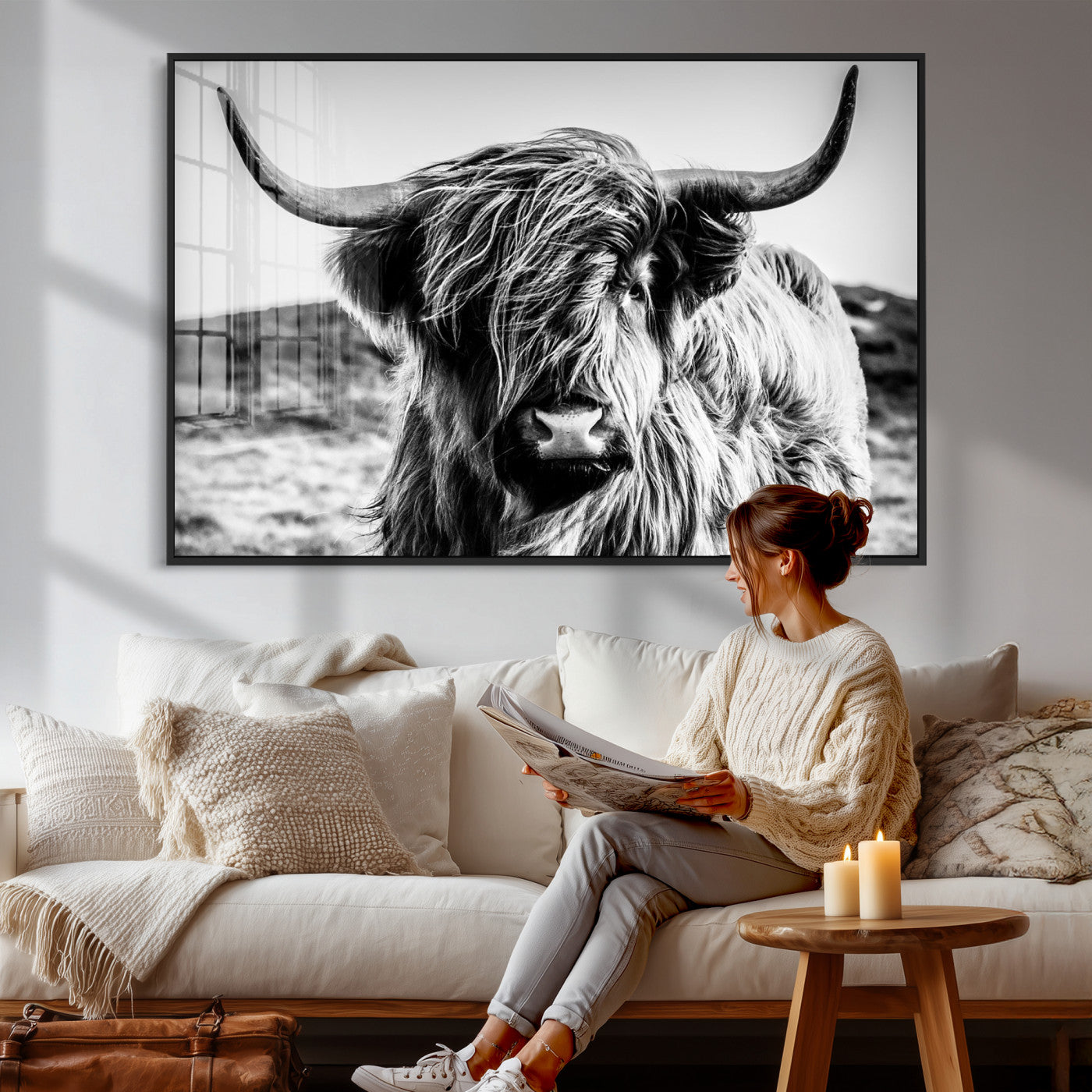 54309-MGV-CV-36X24 - Black and White Scottish Cow Canvas Wall Art Highland Cattle Canvas Print Framed Ready to Hang Original Cotton Canvas High Quality Image Multi Panel Wall Art Printable Artwork for Walls