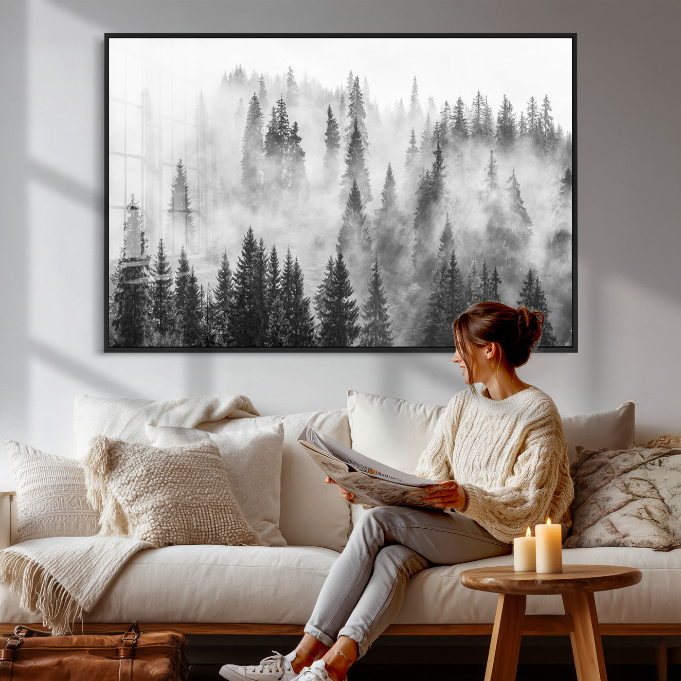 10422-MGV-CV-36X24 - Forest Wall Art Print | Foggy Pine Forest Canvas Wall Art - Black and White Nature Decor for Living