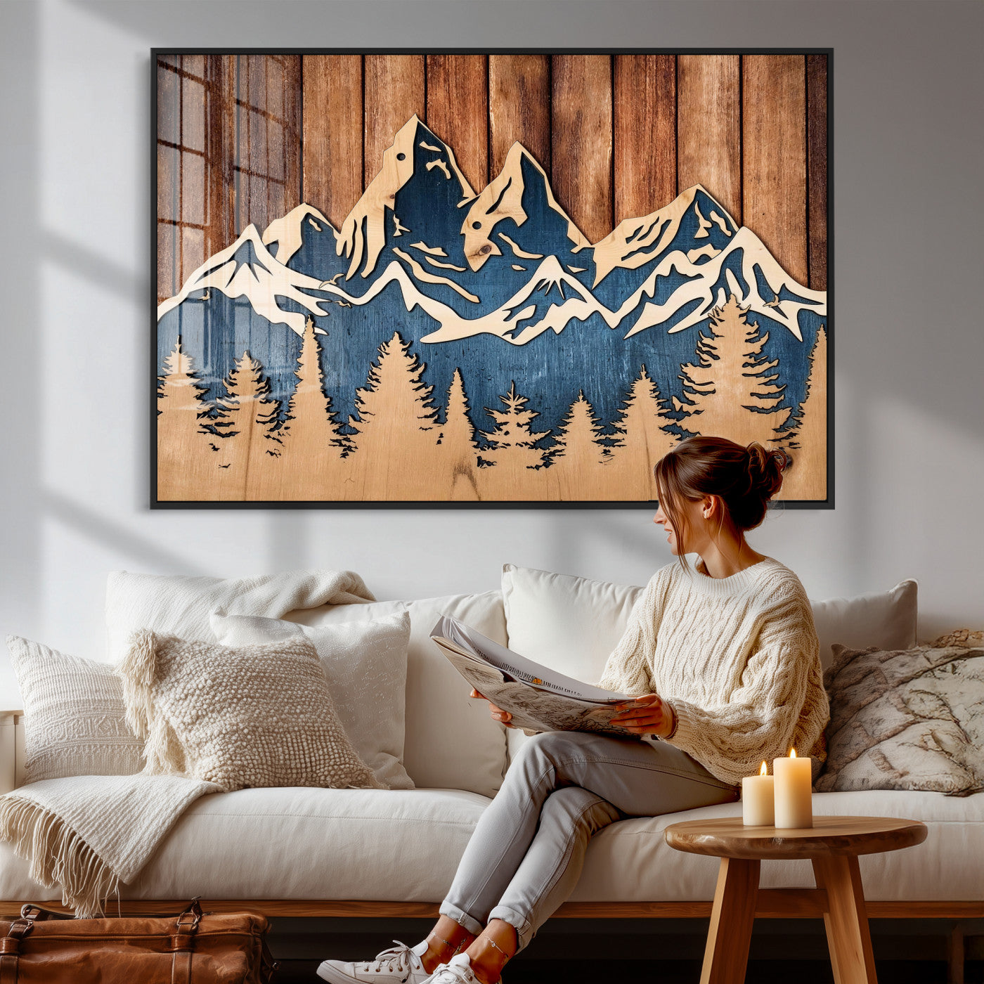 41330-MGV-CV-36X24 - Rustic Wood Style Mountain Wall Art, Nature Forest Canvas Print, Wooden Textured Mountain Artwork Print