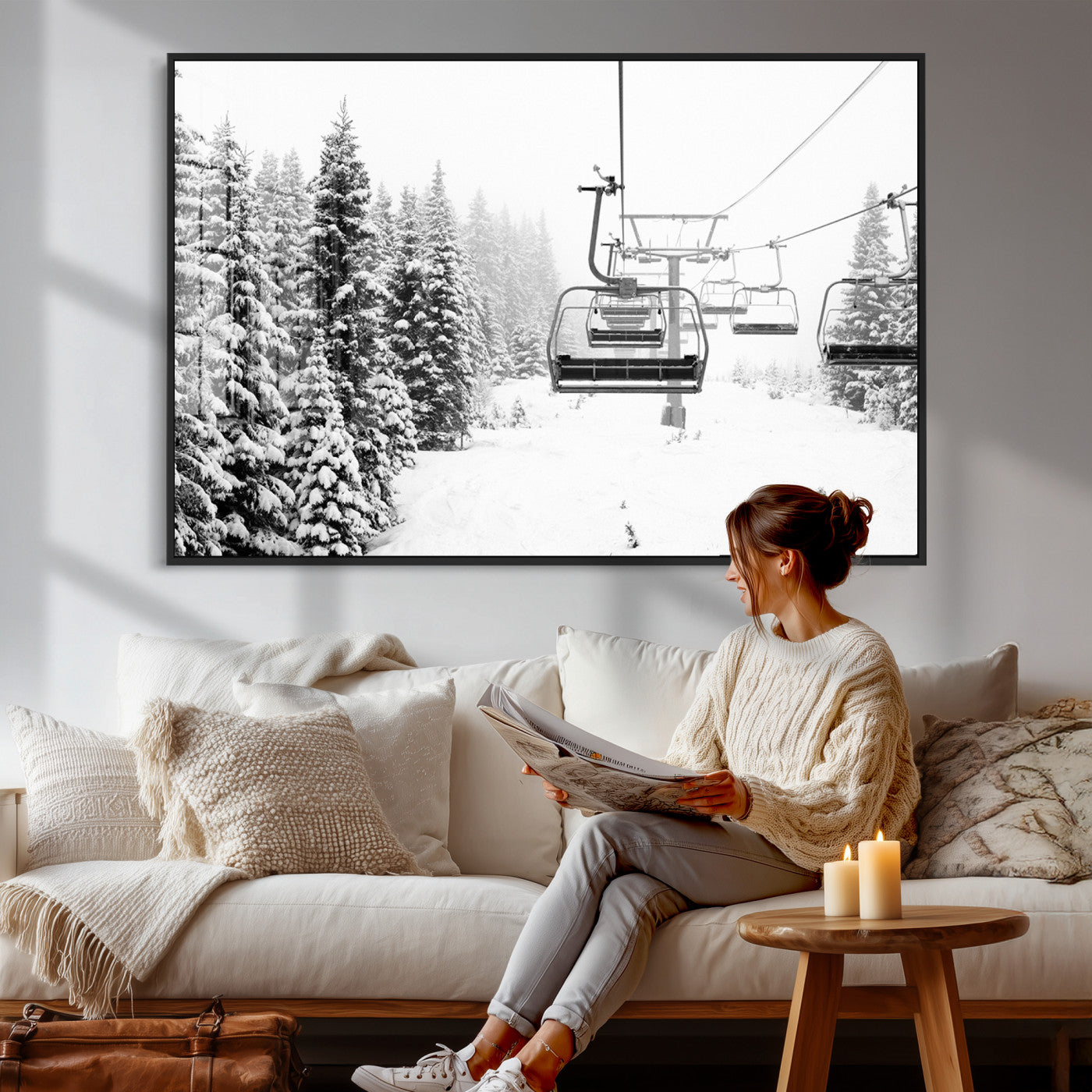 70609-MGV-CV-36X24 - Winter Forest Wall Art Canvas Print, Framed Snowy Forest Art Picture Print, Winter Ski Lift Perfect