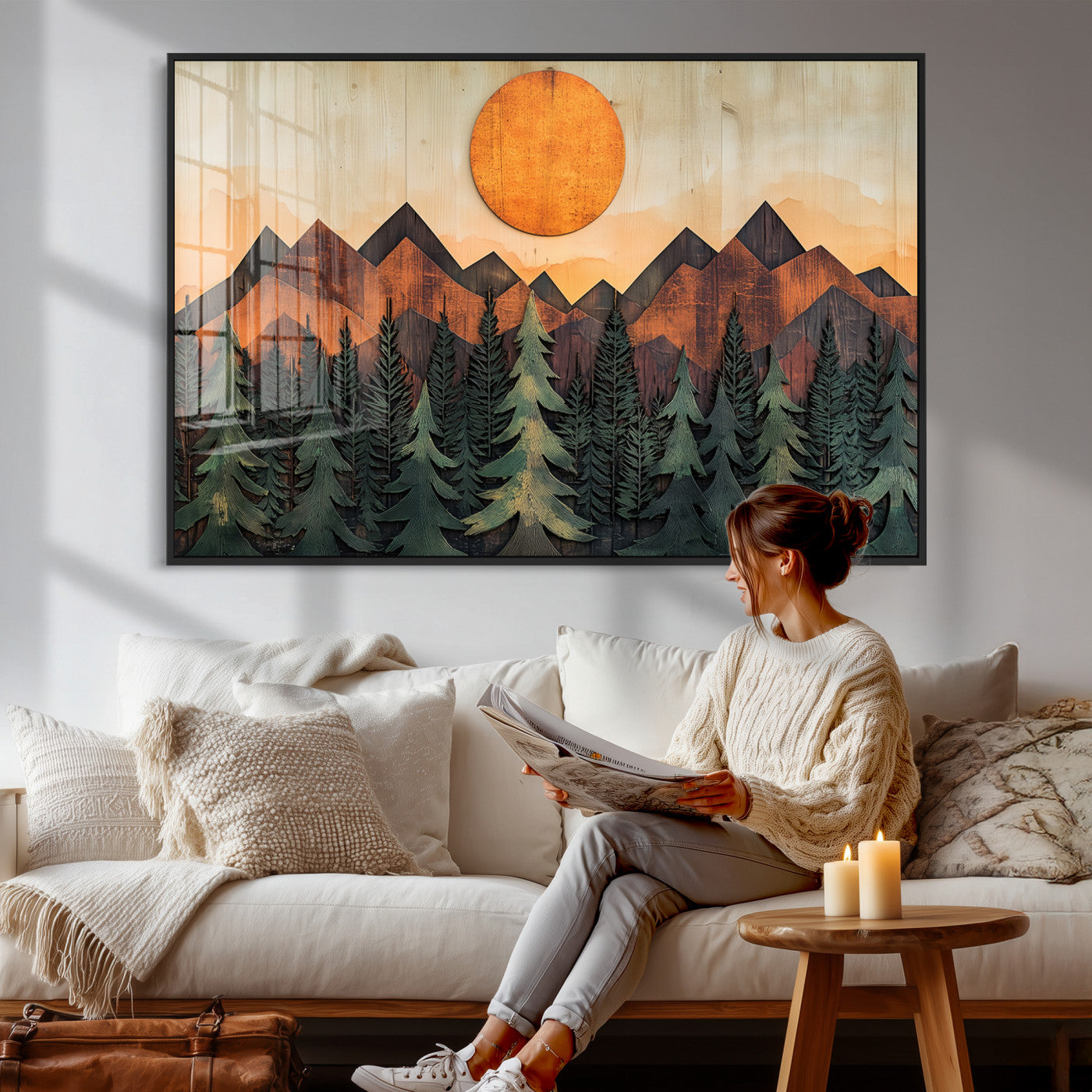 77739-MGV-CV-36X24 - Wood Style Sunset Mountain Landscape Canvas Wall Art Print - Nature Decor for Living Room, Office