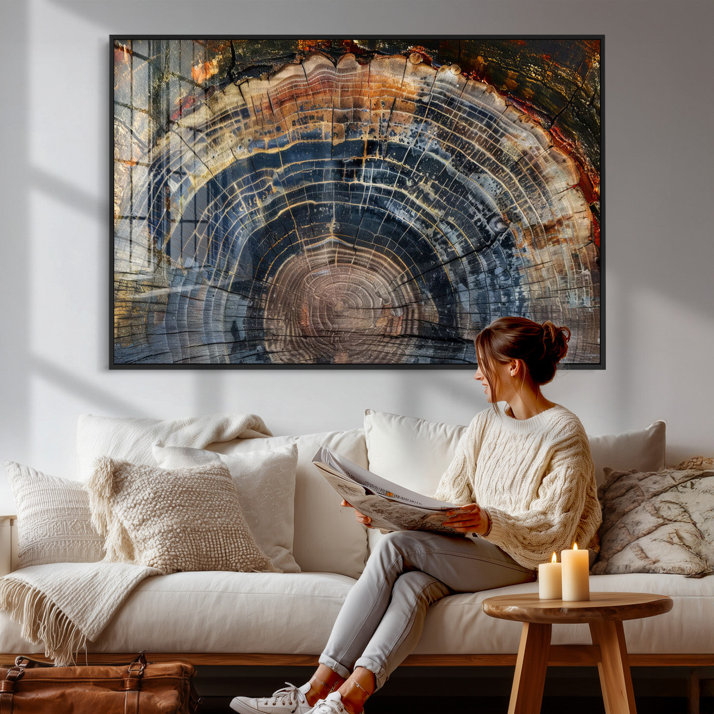 16193-MGV-CV-36X24 - Framed Wood Tree Ring Wall Art - Abstract Colorful Wood Ring Wall Decor for Minimalist Home Decor