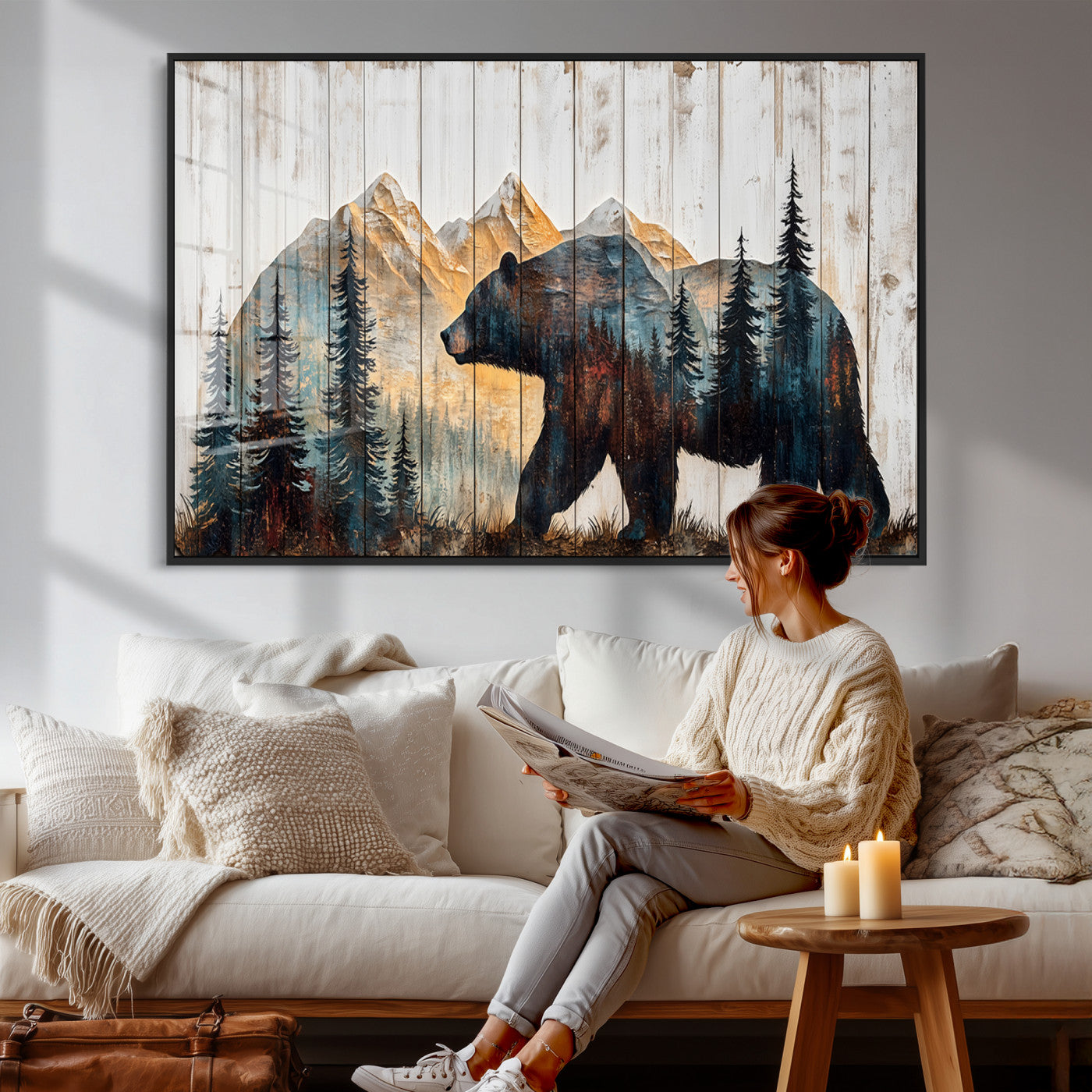 90077-MGV-CV-36X24 - Rustic Bear Wall Art - Grizzly 399 Bear Wall Art - Mountain Wood Canvas Wall Art - Nature Theme