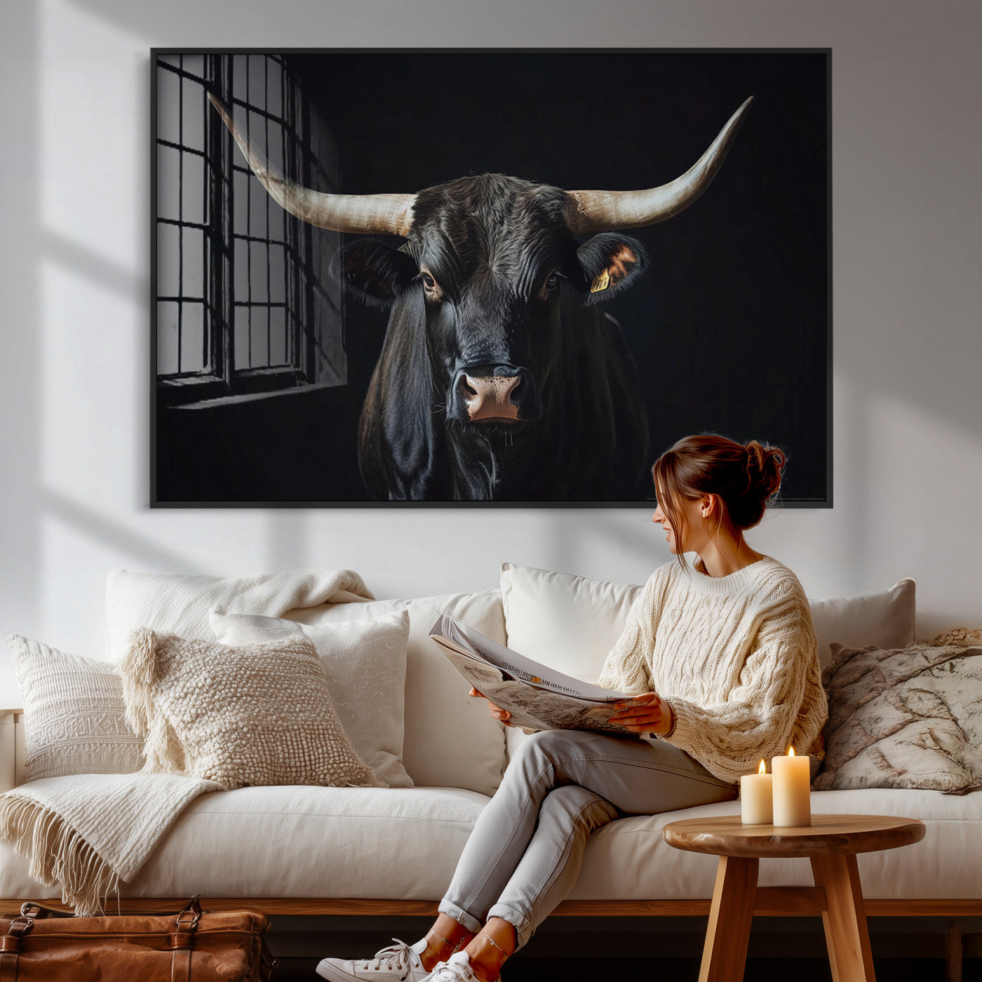 48065167-MGV-CV-36X24 - Texas Longhorn Bull Wall Art Canvas Print – Western Black Bull Art Print for Farmhouse Ranch Decor