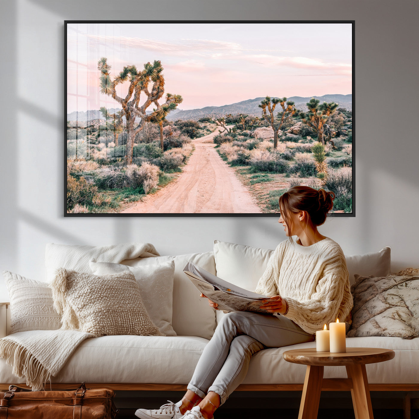 12540952-MGV-CV-36X24 - Desert Trail Wall Art – Canvas Print of Joshua Trees & Sunset Glow, Sandy Path Wilderness, Scenic Nature Escape Decor for Living Room, Office or Bedroom