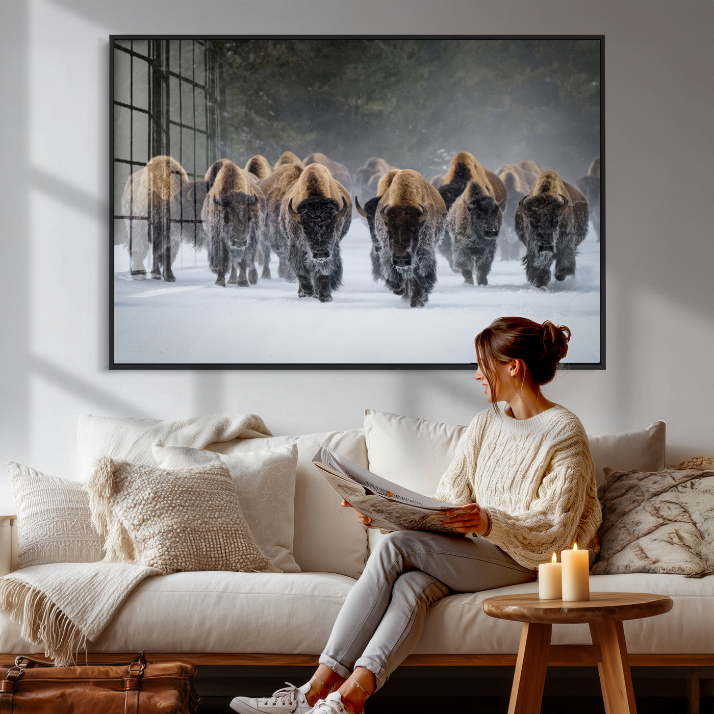 41669135-MGV-CV-36X24 - Winter Bison Herd Wall Art – Majestic Buffalo Charge Canvas Print with Snow Covered Plains, Rustic Wildlife Strength and Untamed Nature Decor for Home and Office