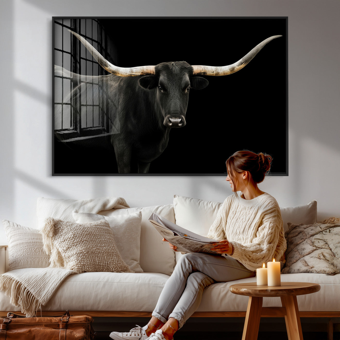 23572907-MGV-CV-36X24 - Texas Longhorn Wall Art Canvas Print, Framed Rustic Western Art Picture Print, Farmhouse Animal Perfect Modern Western Minimalist Decor Artwork