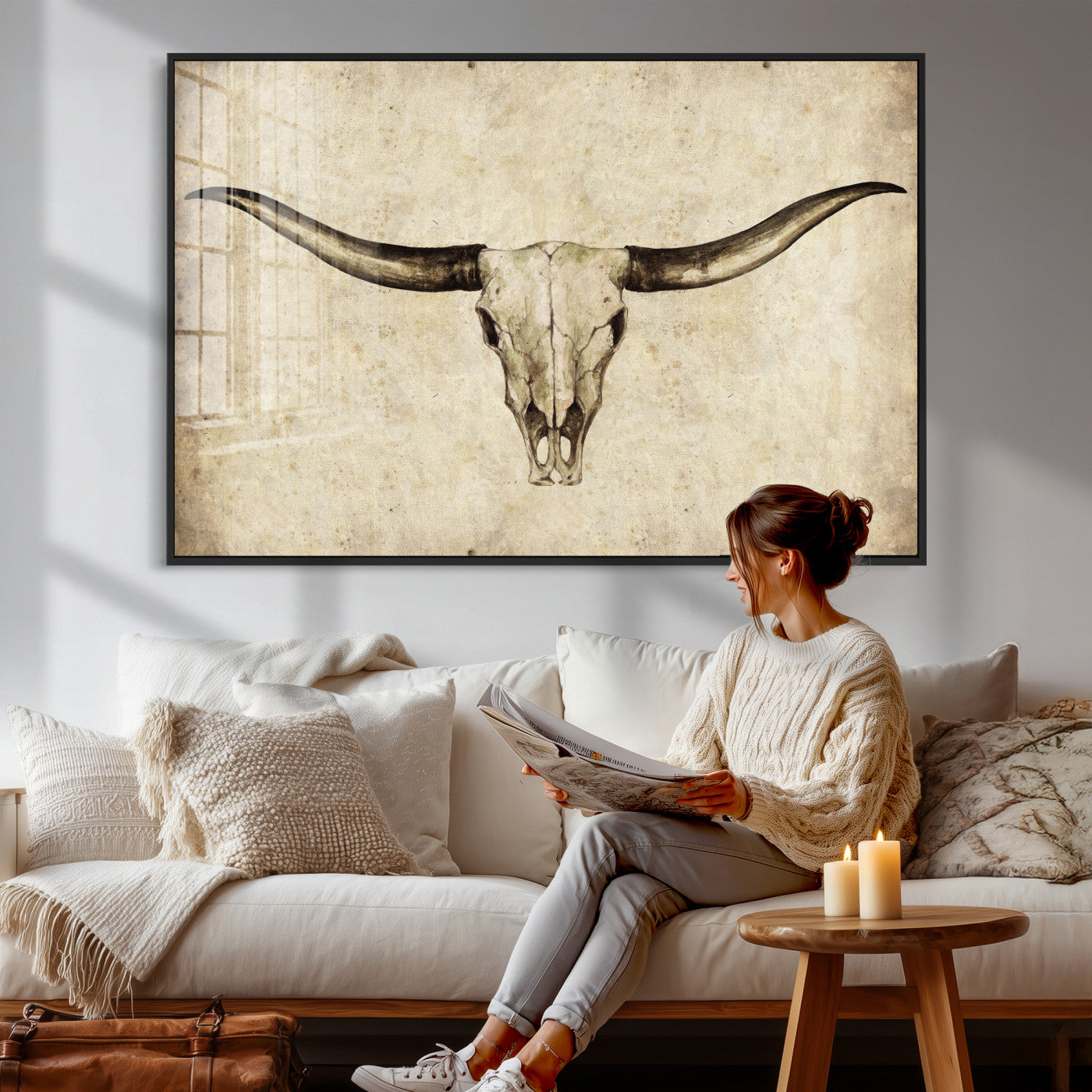 42788678-MGV-CV-36X24 - Longhorn Skull Wall Art Canvas Print – Rustic Western Artwork Print for Living Room Wall Decor