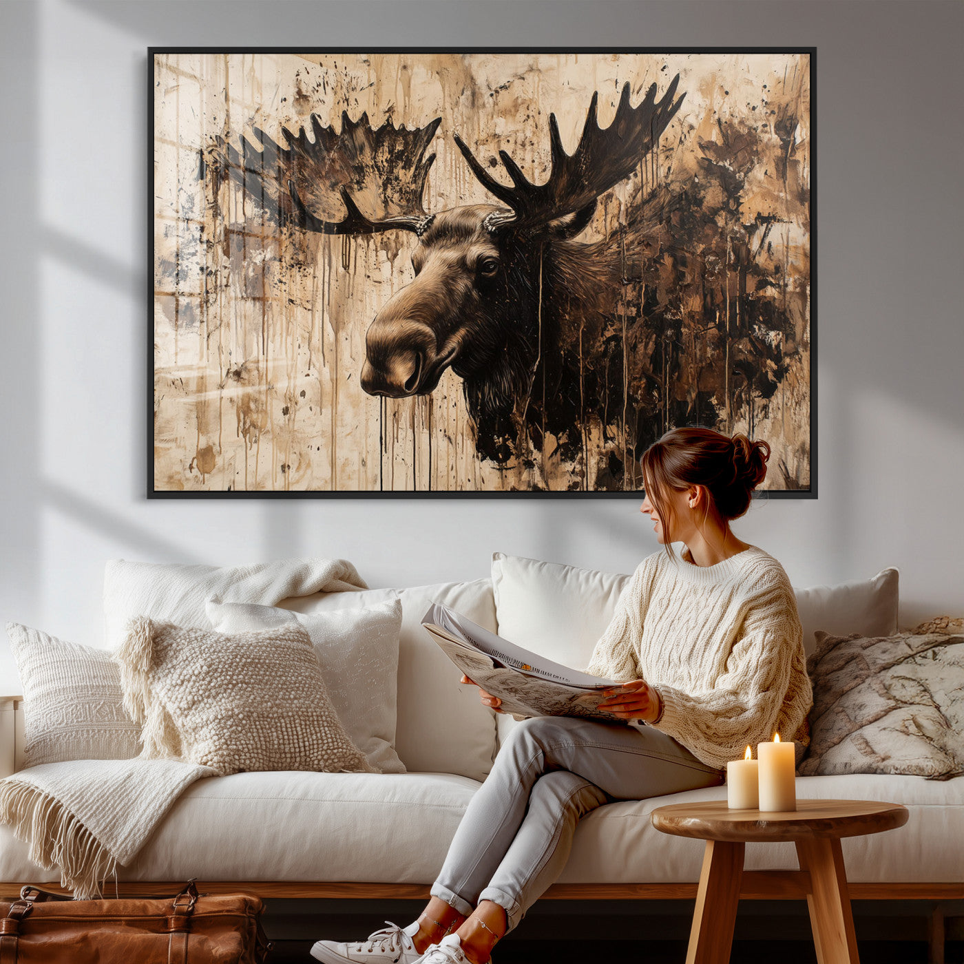 83505059-MGV-CV-36X24 - Moose Canvas Wall Art — Rustic Wildlife Painting Print | Cabin Lodge Decor | Large Animal Wall Art | Moose Gift for Him | Man Cave Art