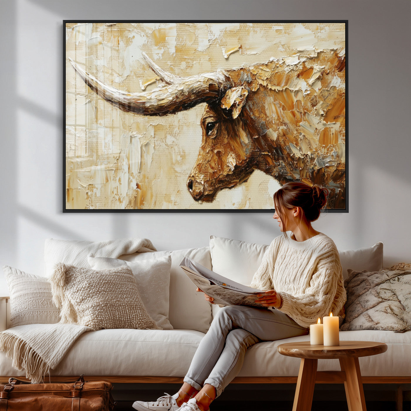 69611428-MGV-CV-36X24 - Rustic Longhorn Bull Wall Art Canvas Print – Vintage Western Cattle Painting, Texas Abstract Wall Cow Prints