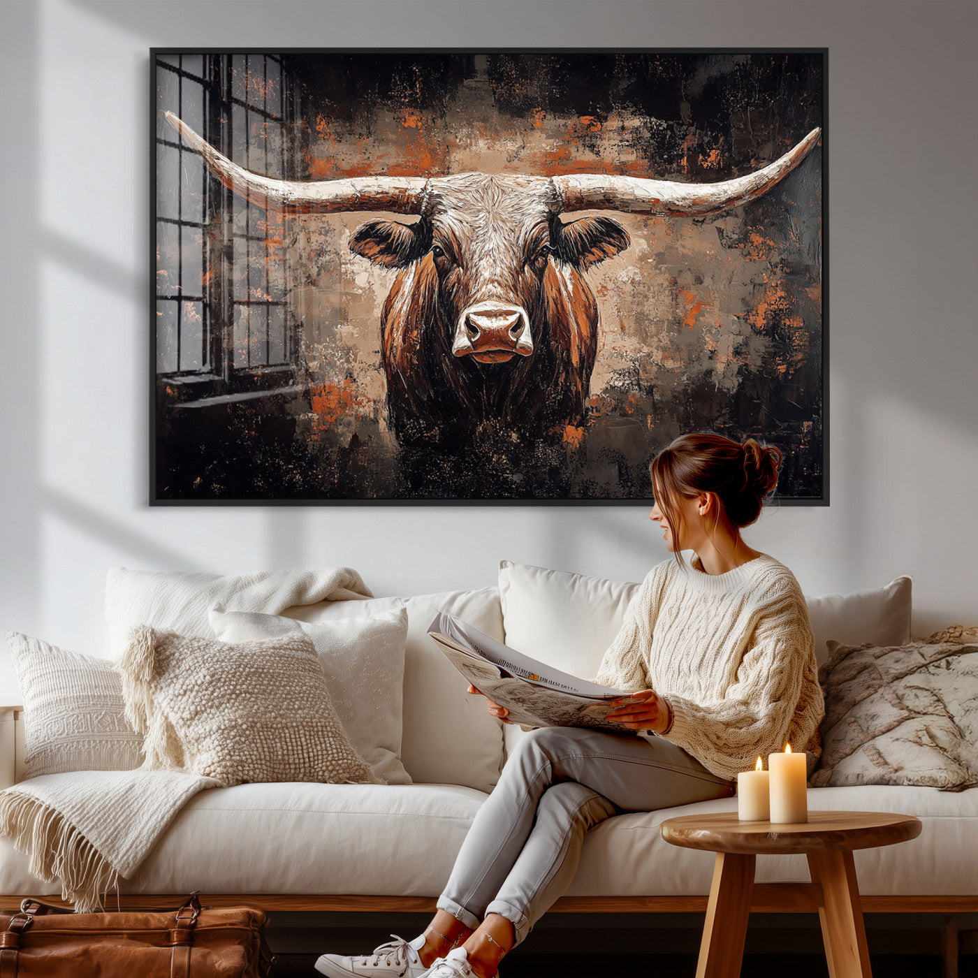 24779067-MGV-CV-36X24 - Rustic Longhorn Bull Wall Art Canvas Print – Vintage Western Cattle Painting, Texas Steer Artwork