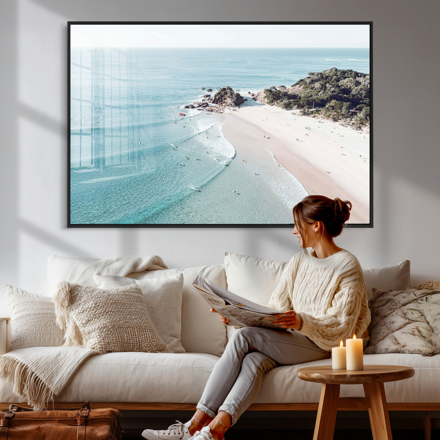 79395467-MGV-CV-36X24 - Aerial Beach Wall Art Canvas Print, Coastal Ocean Waves and Surfers Scenic Seaside Artwork for Home, Office Decor