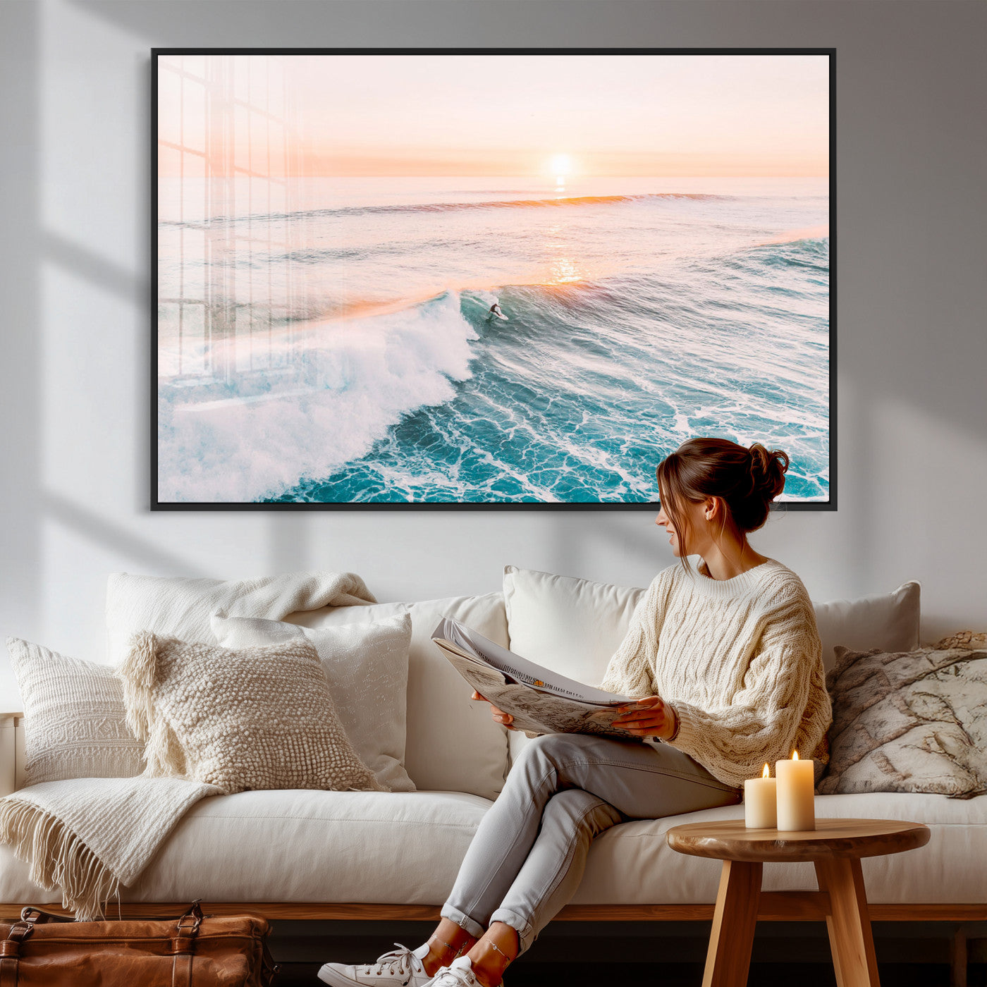 34064591-MGV-CV-36X24 - Sunset Surfing Wall Art Canvas Print, Ocean Wave Surfer with Golden Sky Artwork for Home, Office, Living Room