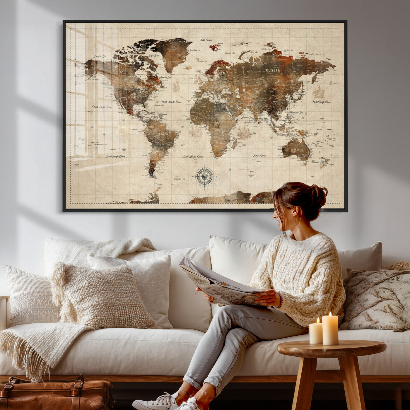 23610090-MGV-CV-36X24 - World Map Wall Art Canvas Print, Modern Decorative Framed Map Artwork Prints for Living Room, Office, Bedroom Wall Decor