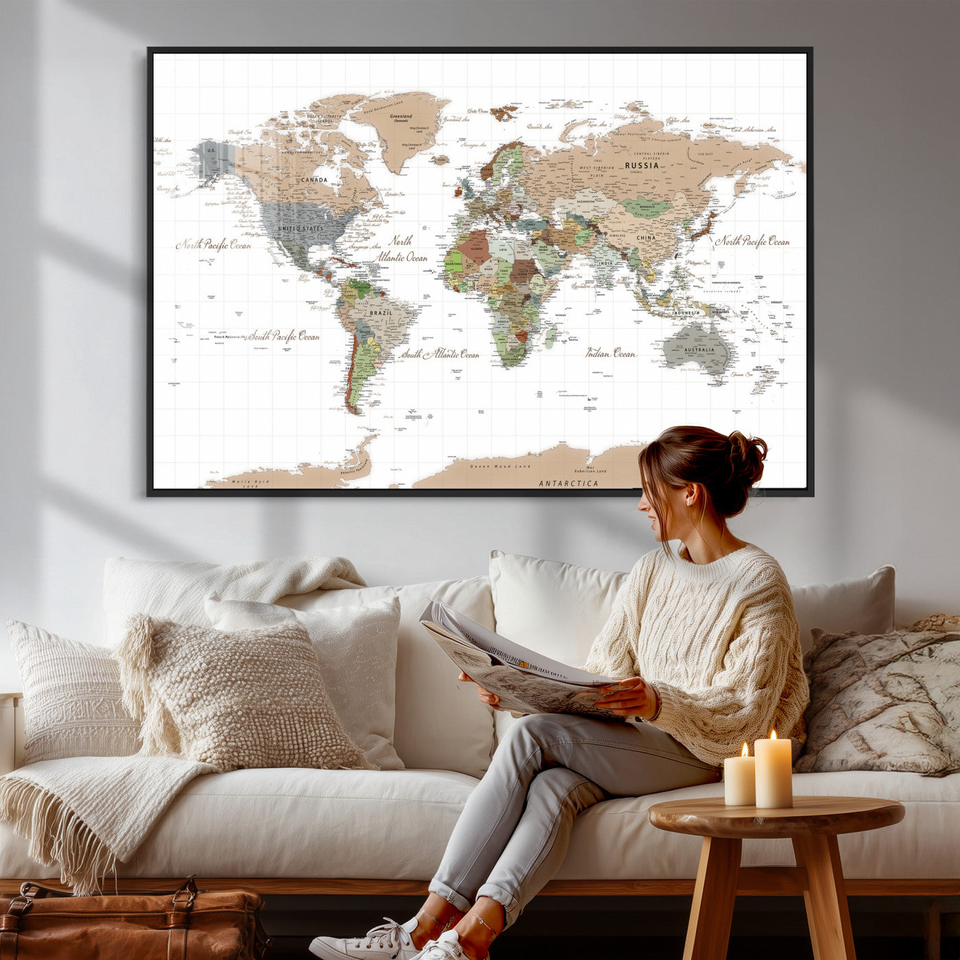 91286788-MGV-CV-36X24 - World Map Wall Art Canvas Print, Modern Decorative Framed Map Artwork Prints for Living Room, Office, Bedroom Wall Decor