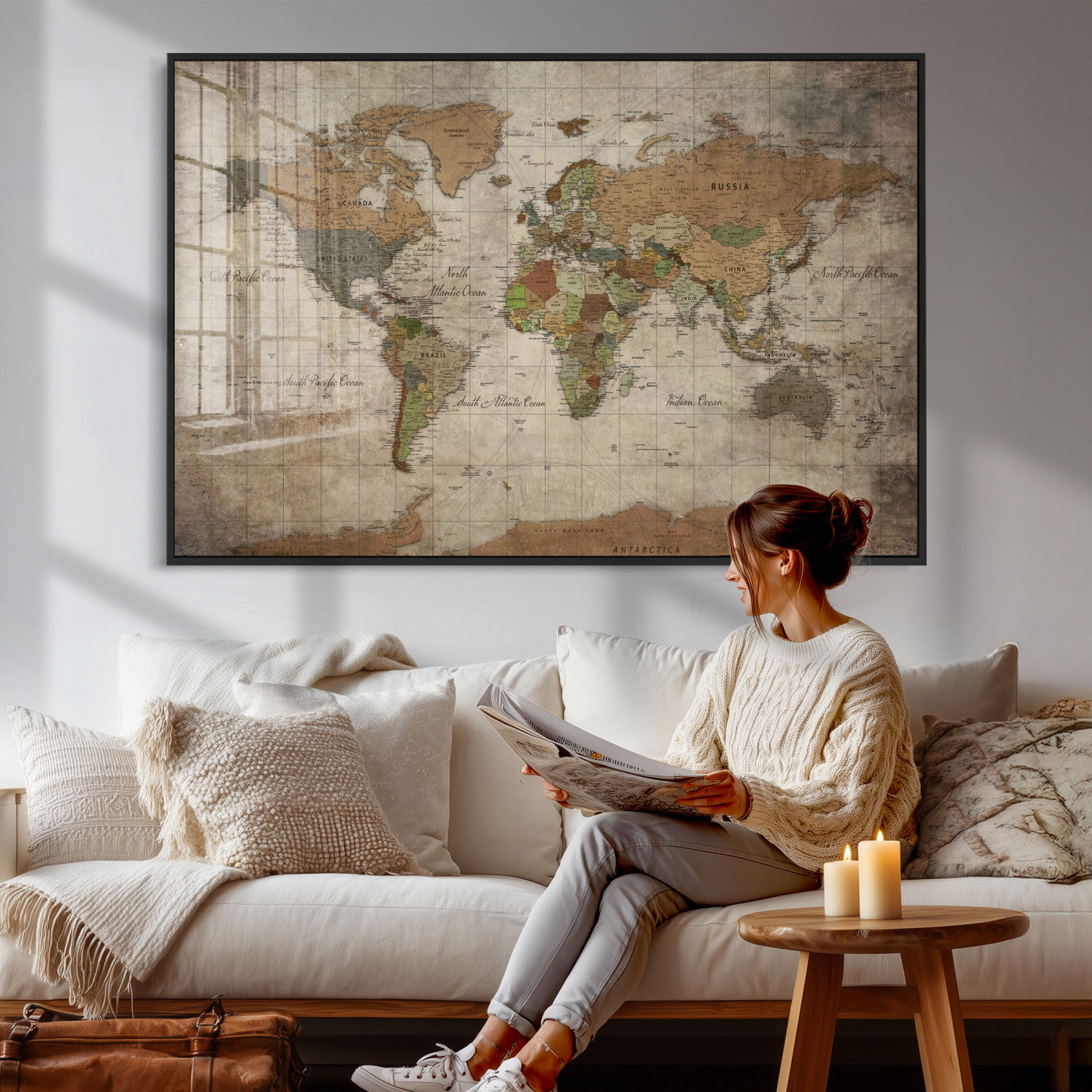 20356264-MGV-CV-36X24 - World Map Wall Art Canvas Print, Modern Decorative Framed Map Artwork Prints for Living Room, Office, Bedroom Wall Decor